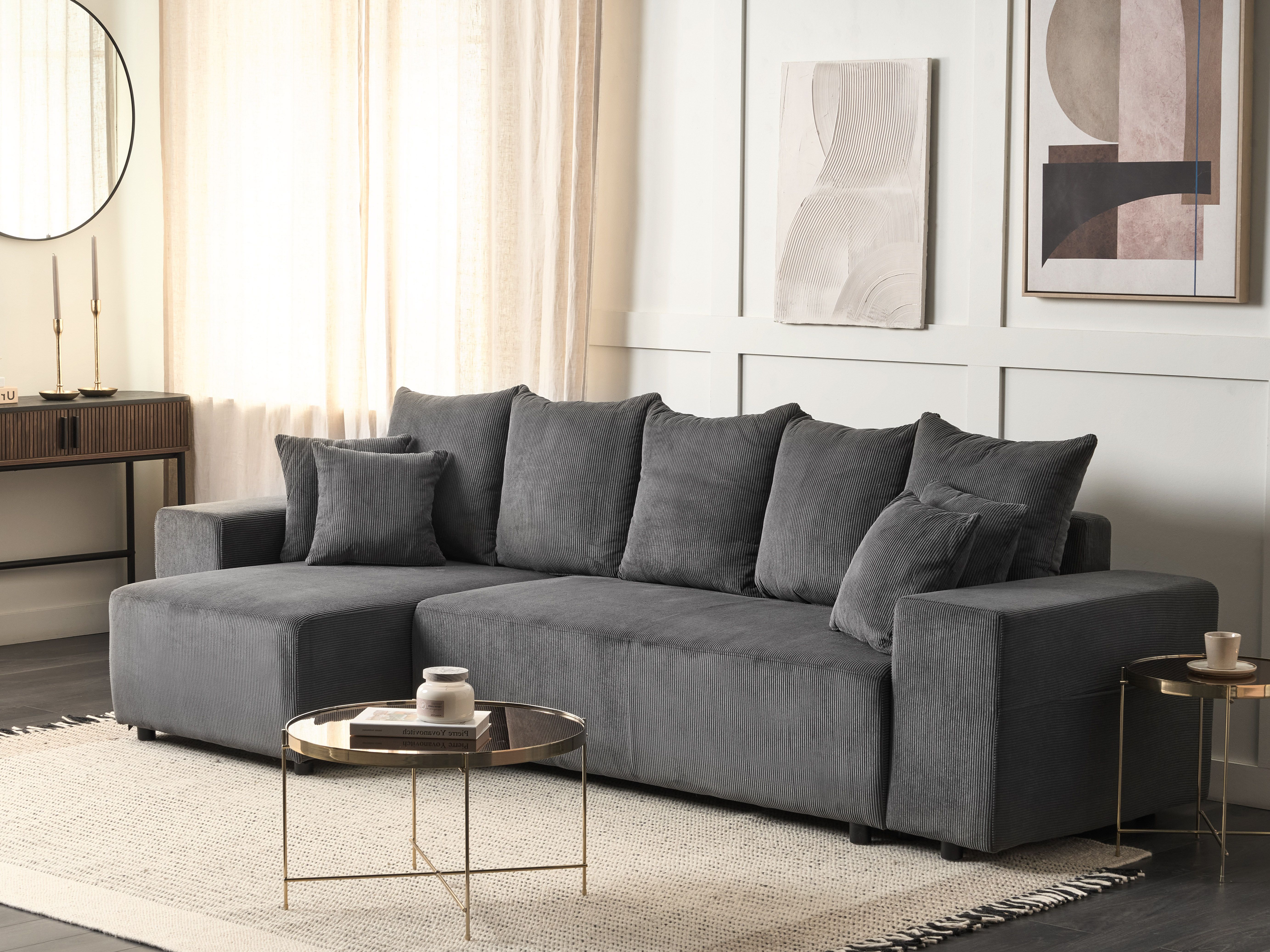 Corner Sofa Bed 3 Seater LUSPA Corduroy Dark Grey with Storage Right Hand