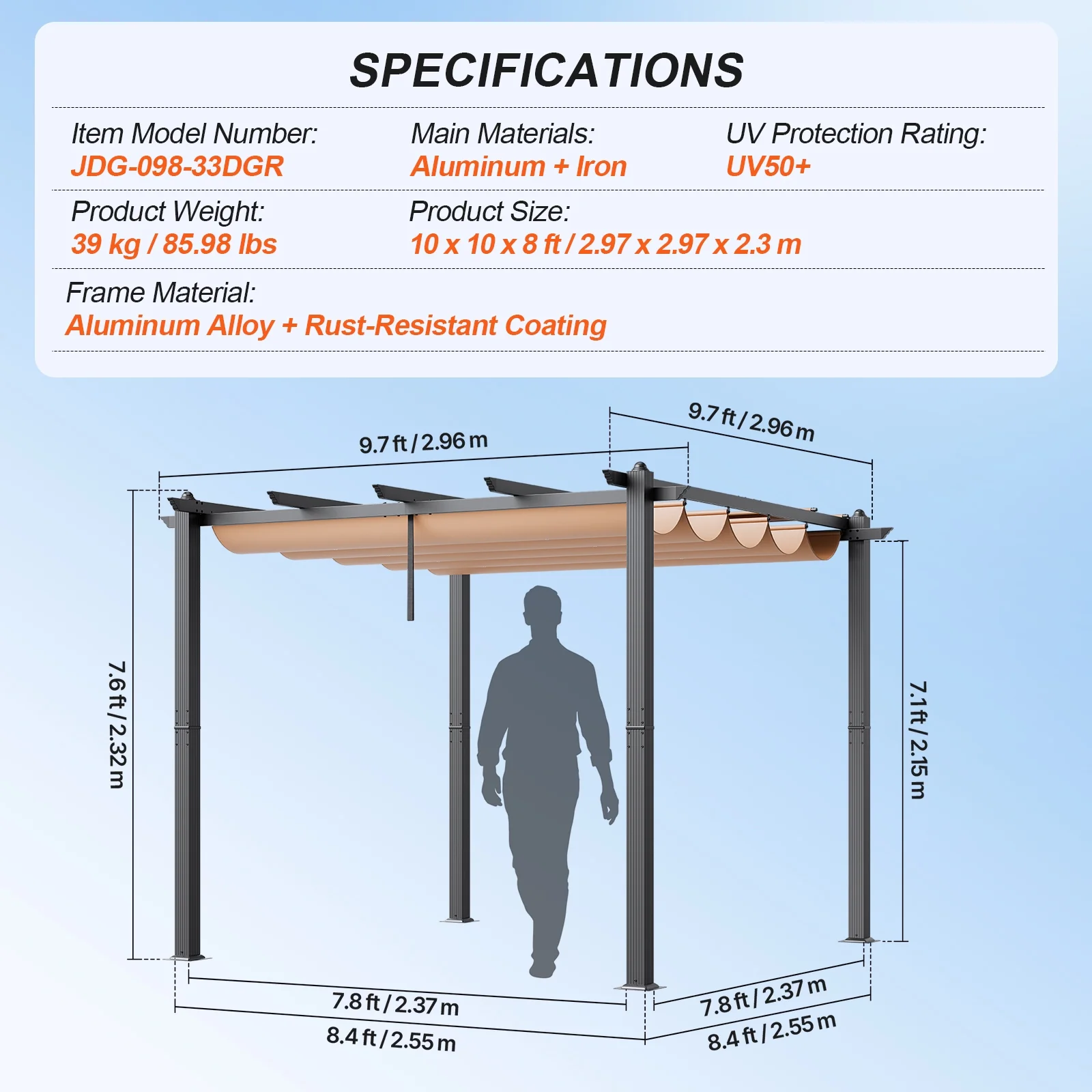 KFFKFF 10'x10' Aluminum Patio Pergola, Retractable Sun Shade Canopy, Ideal for Outdoor Gardens, Decks, and Backyards - Beige - Image 3