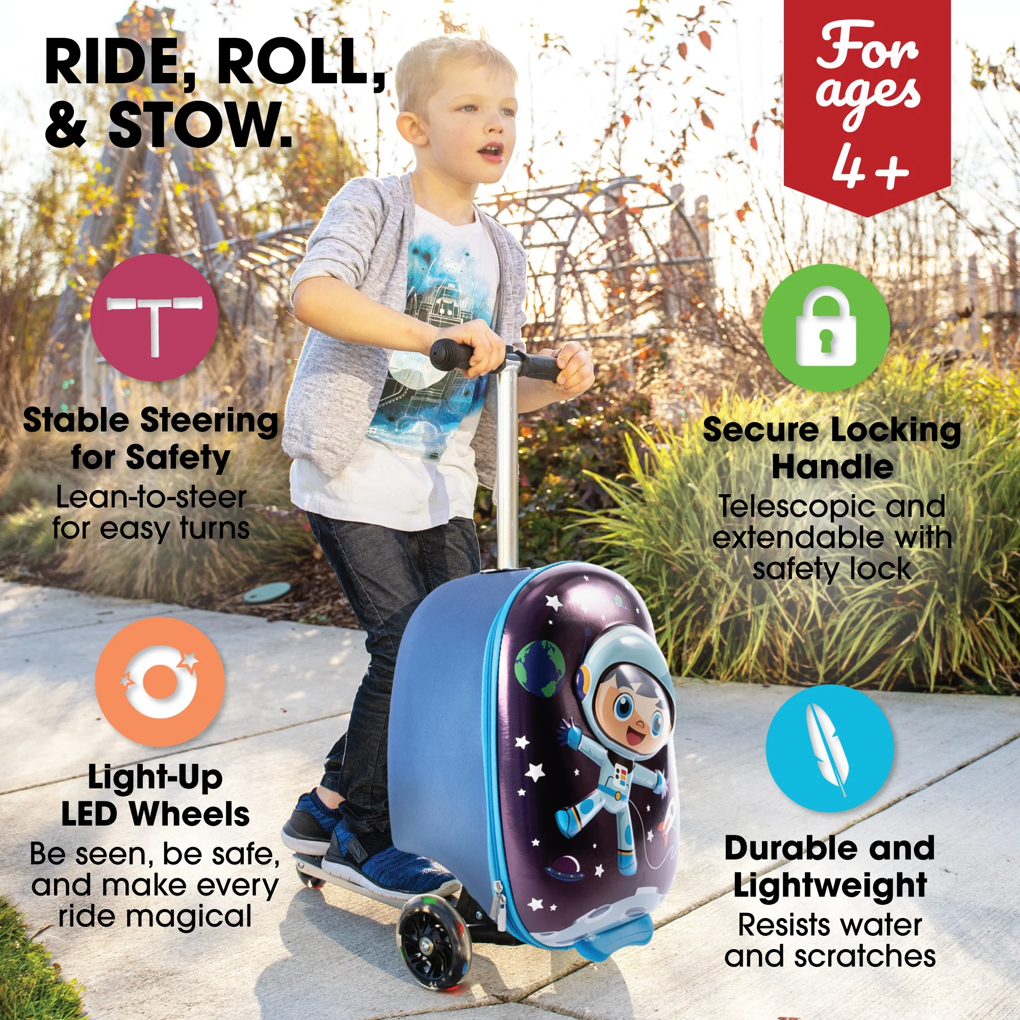 Kiddietotes Kid's Hard Shell Scooter Ride On Suitcase, Pink - Image 28
