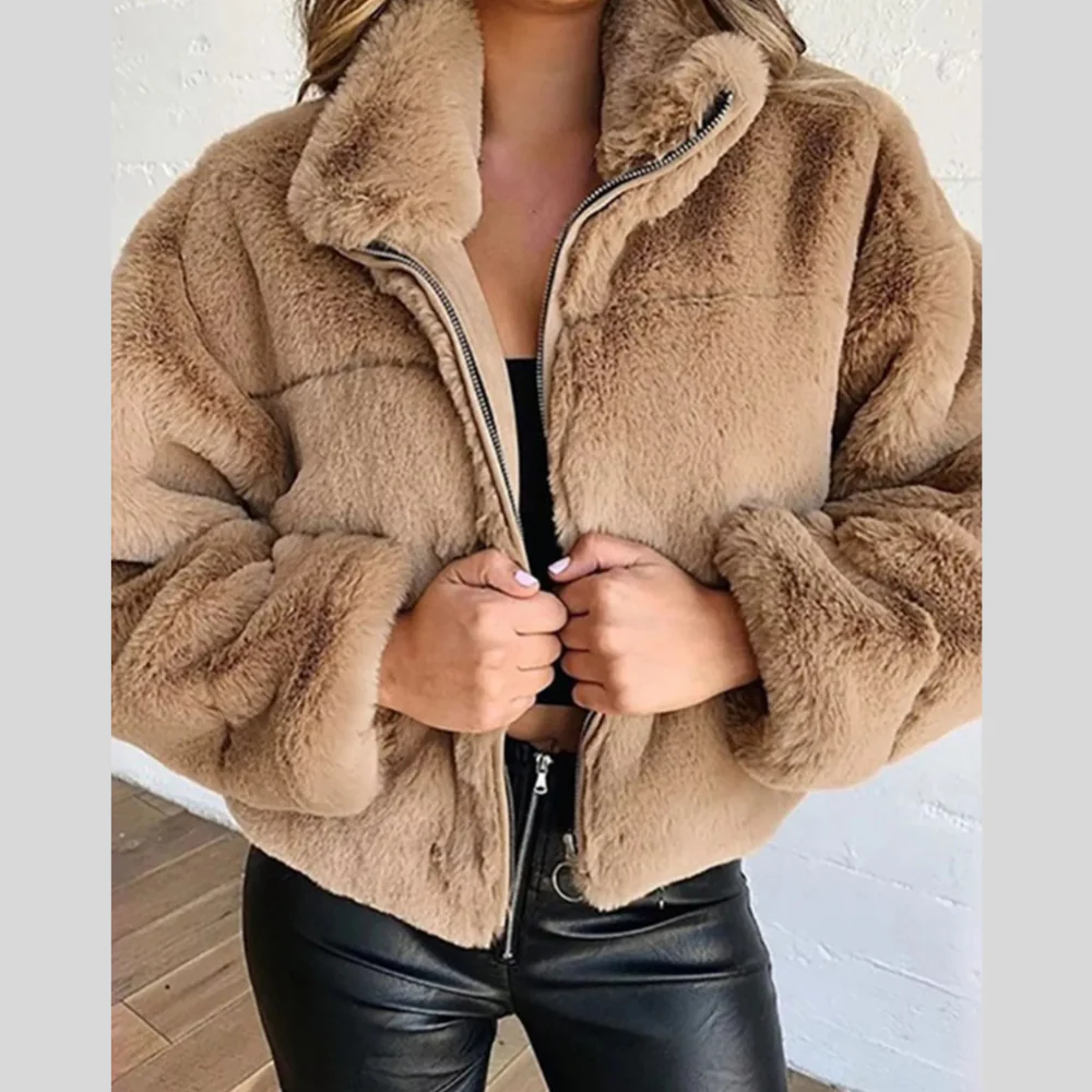 Full Size Faux Fur Cropped Zip-Up Jacket Plus Size - ZKZOOK