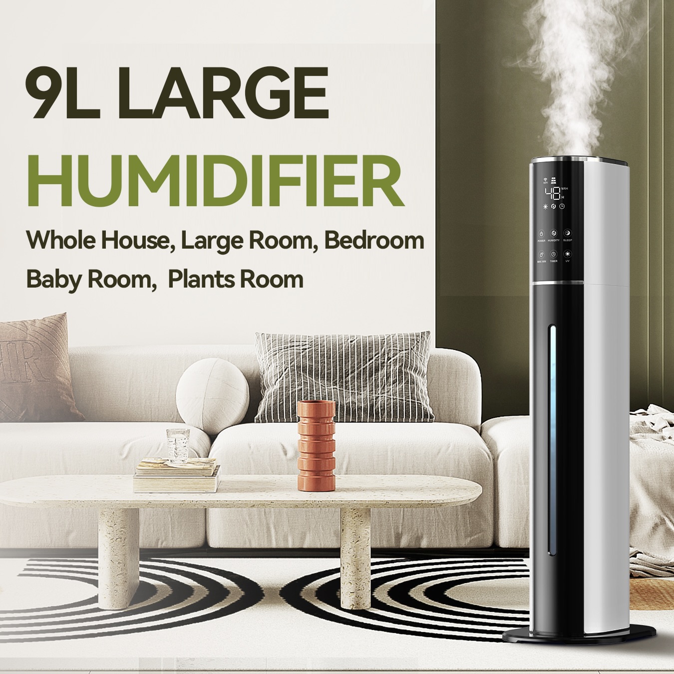 KELOPA? Ultrasonic Cool Mist Humidifier, 9L/2.4 Gallon, Top Fill, Smart Humidity Control, Sleep Mode and Other Functions, for Home/Large Room/Bedroom/Office/Plants, Coverage 600ft2 and Above