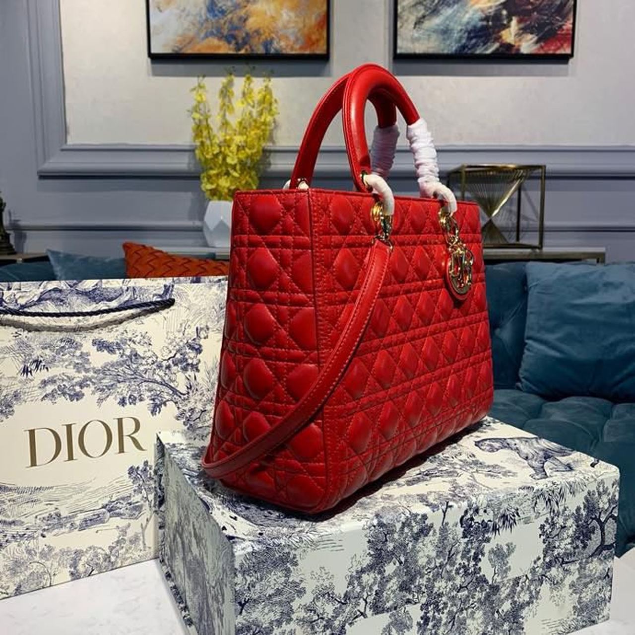 Christian Dior Large Lady Dior Bag Gold Toned Hardware Cherry Red Cannage For Women CD 12.5in/32cm M0566ONGE_M52R1:1High-quality replica