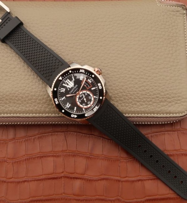 Replica Cartier JJF Calibre De Cartier Diver SS Black Dial RG Bezel Black Rubber Strap A23J - Top club