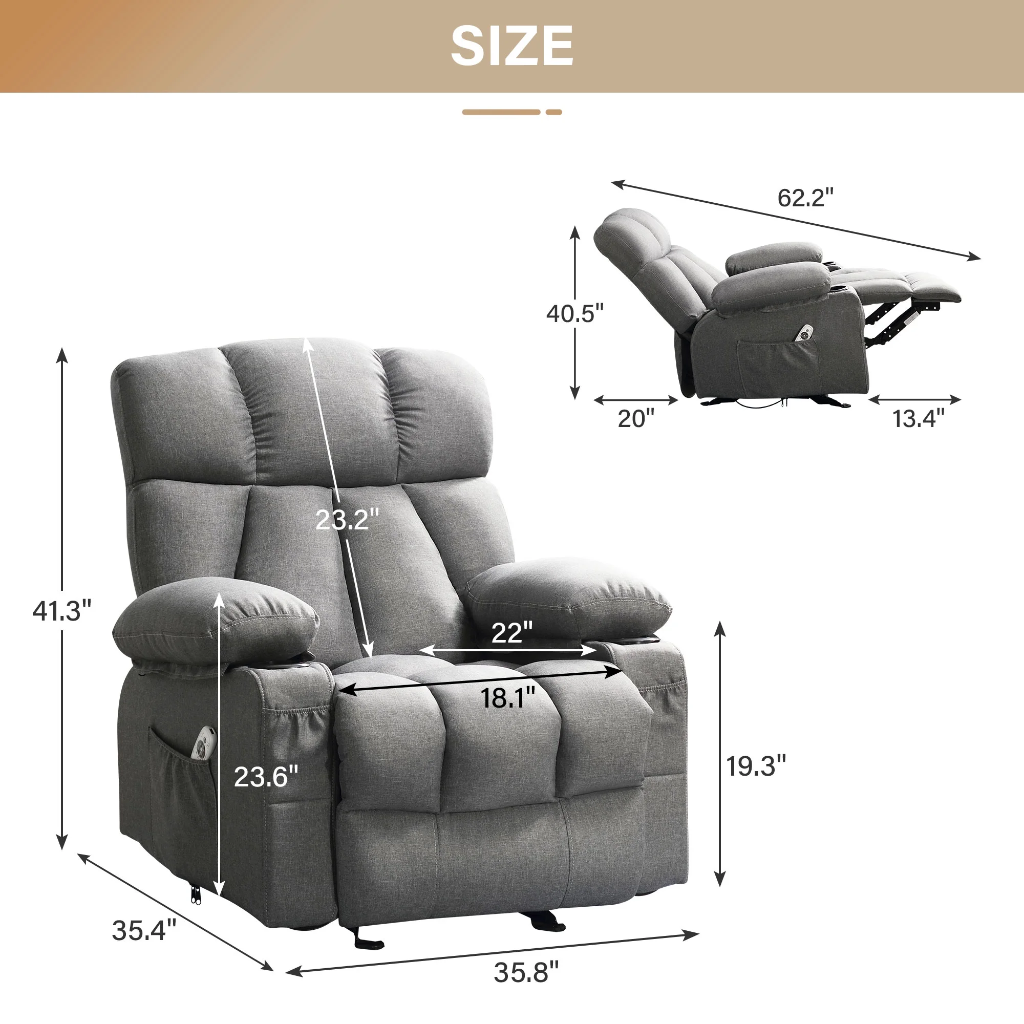 JONPONY Manual Recliner Chair with Heat Therapy and Massage Function, Heavy Duty Reclining Mechanism Massage Chair, Elderly Single Rocker Sofa with Cup Holders for Bedroom Home Theater,Grey - Image 2