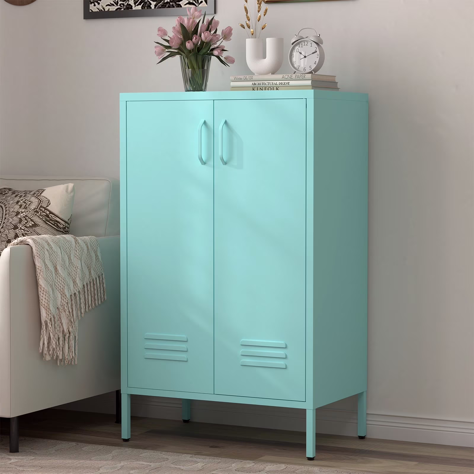 Marcree Green Metal Cabinet,2 Door Accent Cabinet,Metal Locker Cabinet with Legs,Sideboard Cabinet with Adjustable Shelves,Locker Storage Cabinet for Living Room,Entryway - Image 8