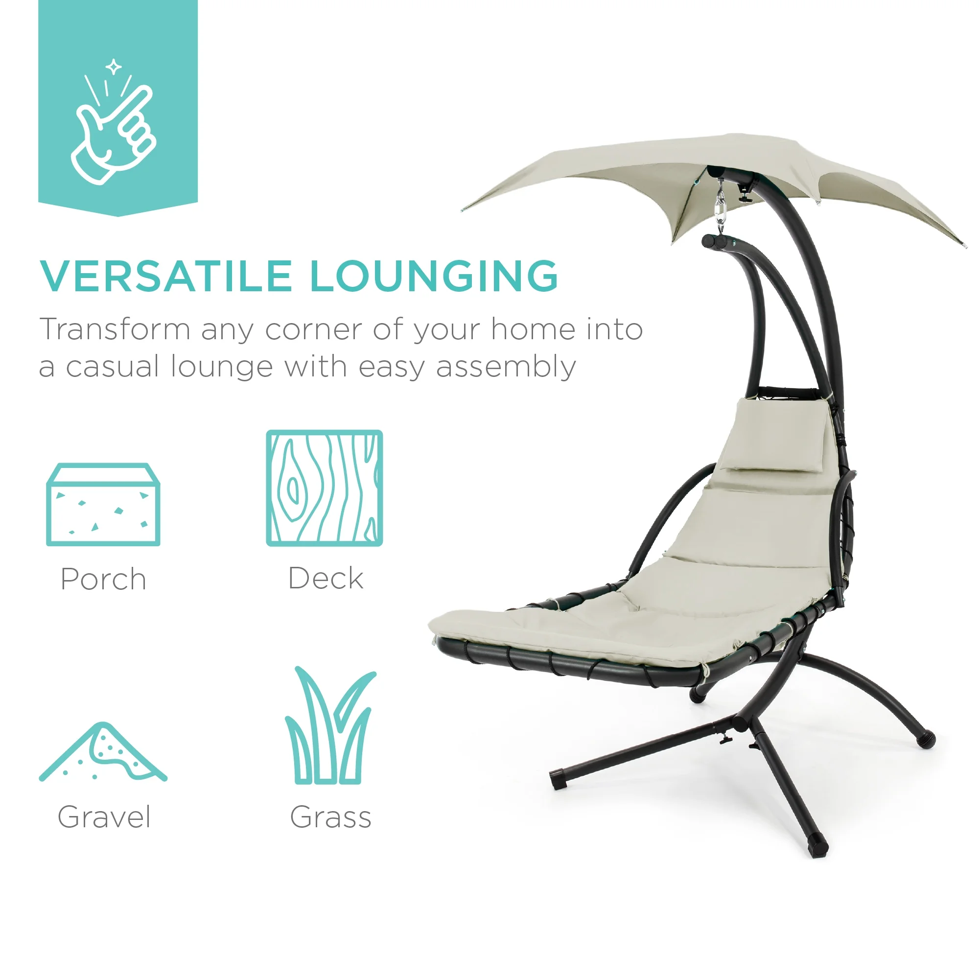Best Choice Products Hanging Curved Chaise Lounge Chair Swing for Backyard, Patio w/ Pillow, Shade, Stand - Teal - Image 36