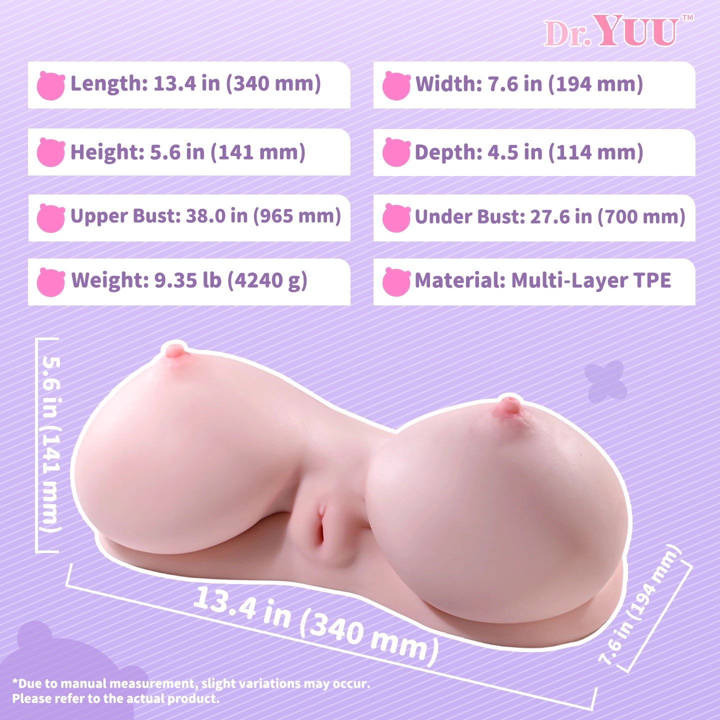 Dr.YUU G-cup anime breast masturbator with a 9.35 lb weight, 38.0 in upper bust, 27.6 in underbust, and 4.5 in internal channel
