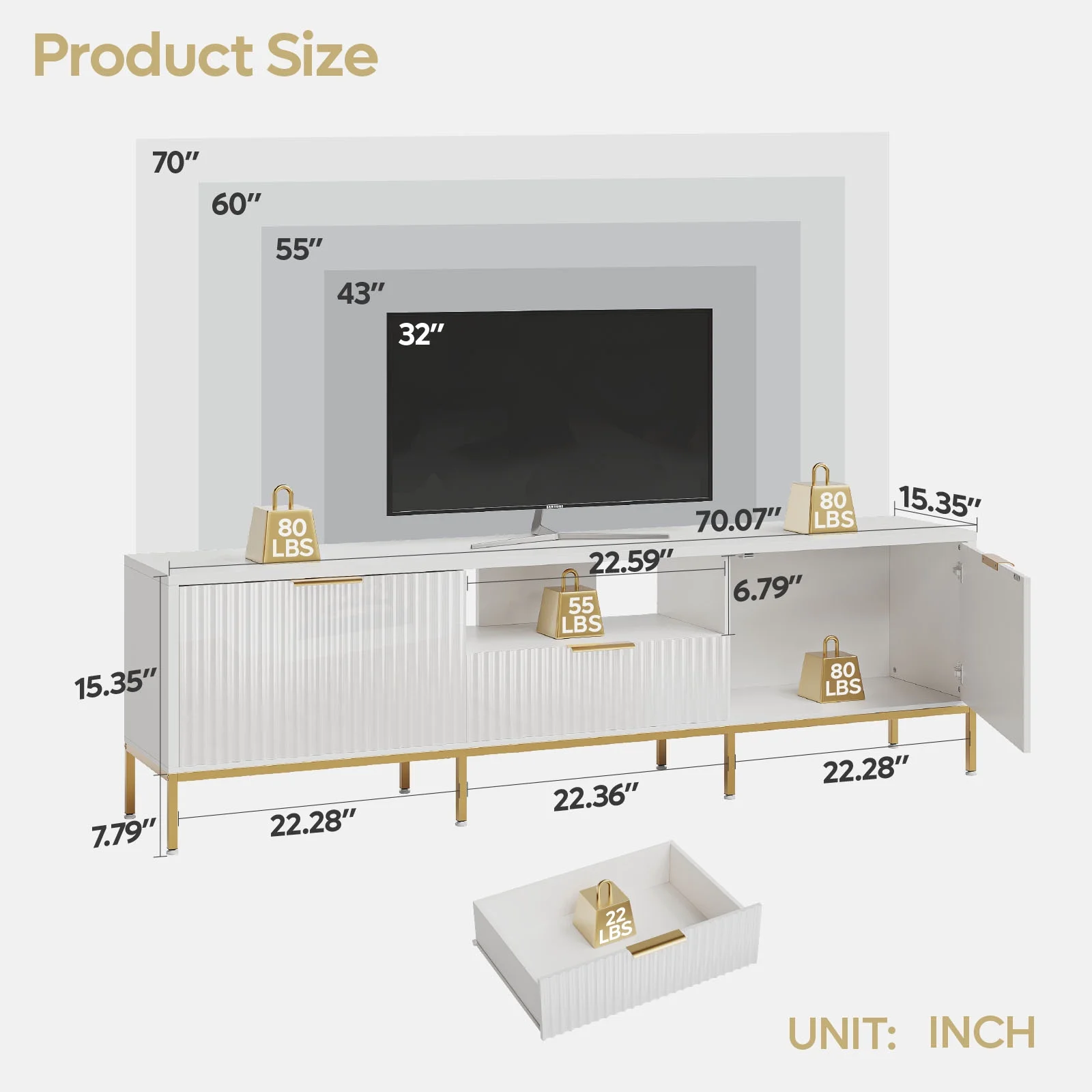 Bestier 55" LED TV Stand for TVs up to 60" Modern High Gloss Entertainment Center with Drawers Cabinets Fluted TV Console, White & Gold - Image 21
