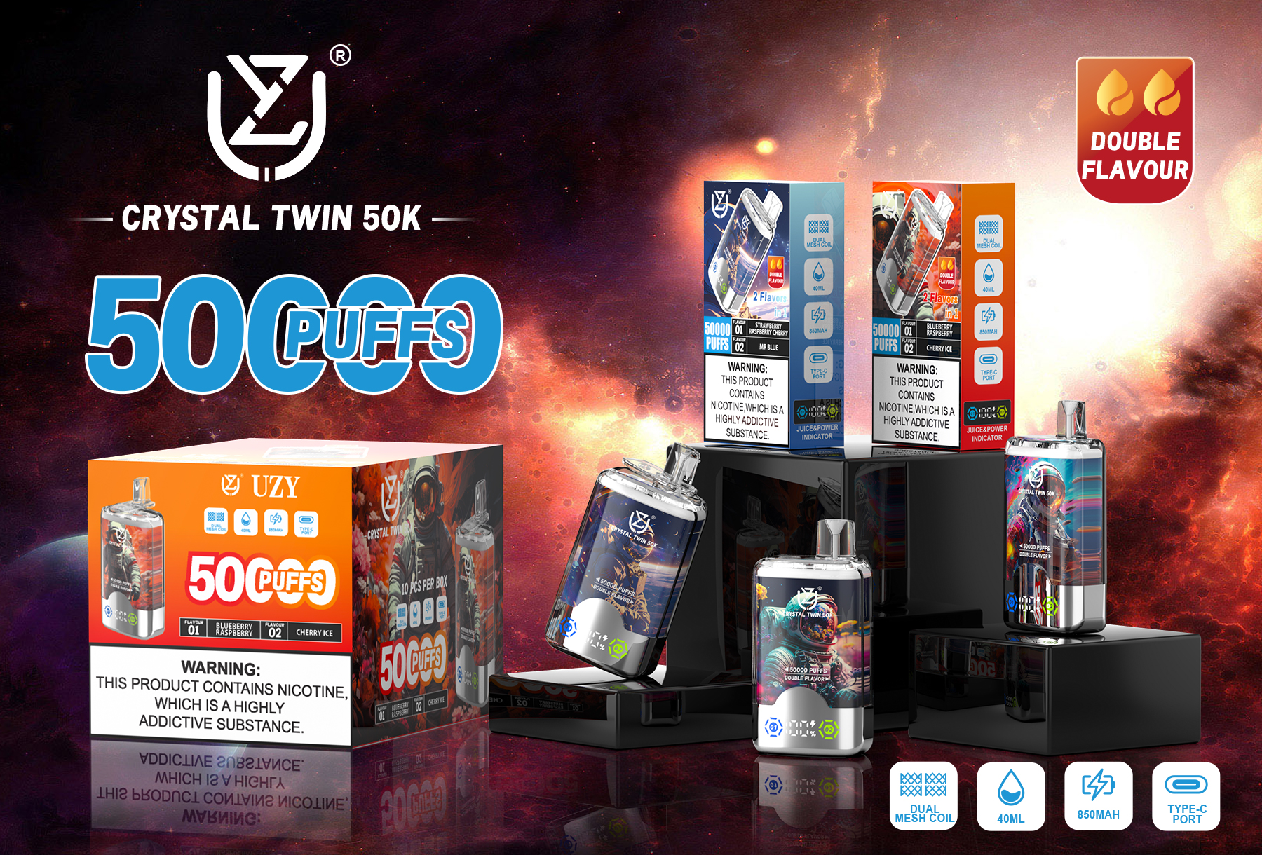 UZY CRYSTAL TWIN 50000 Puffs Vape with 2 in 1 Flavor