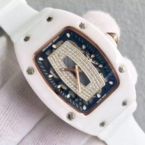 Replica Richard Mille RM007-01 Lady SS Diamonds Black Dial RG White Rubber Strap 6T51 - Elite Watch Atelier