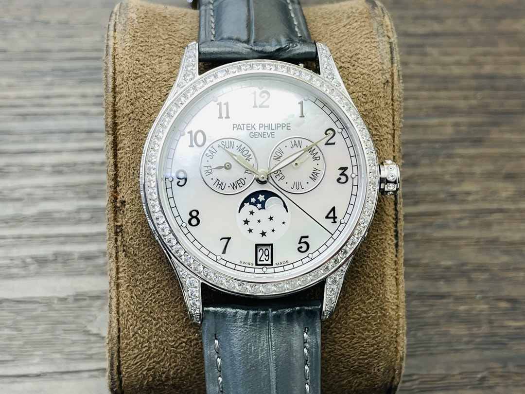 Fake Diamond Watch Patek Philippe Replica Complications Annual Calendar Moon Phases White Gold White Mother of Pearl Dial 38mm Diamond Bezel 4948G-010(1:1 replica) - Elite Watch Atelier