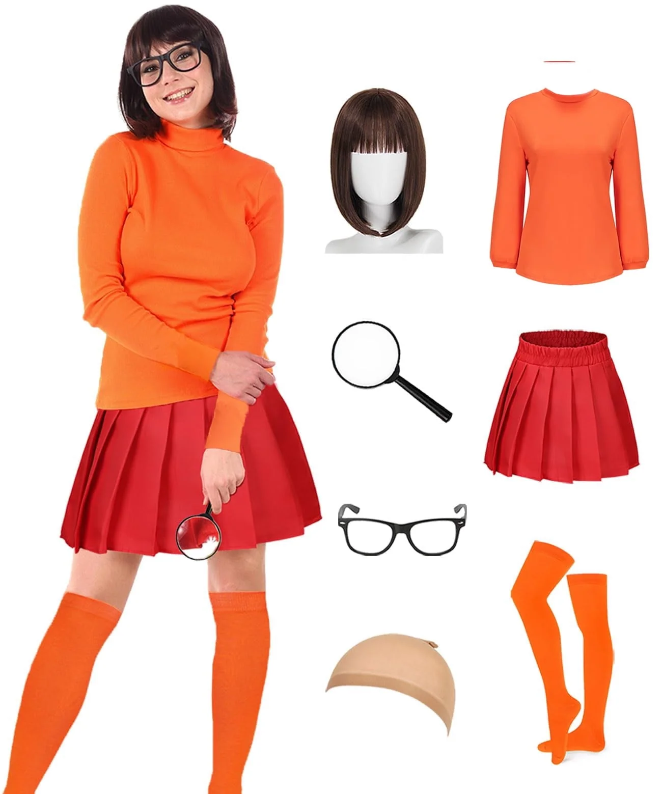 Couples Halloween Costumes for Women Velma Cosplay Outfit Orange Velma Costume with Mini Skater Skirt - Image 2 Couples Halloween Costumes for Women Velma Cosplay Outfit Orange Velma Costume with Mini Skater Skirt - Image 2