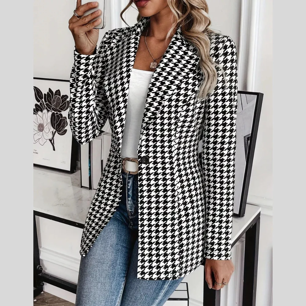 Houndstooth Print Lapel Collar Blazer - ZKZOOK