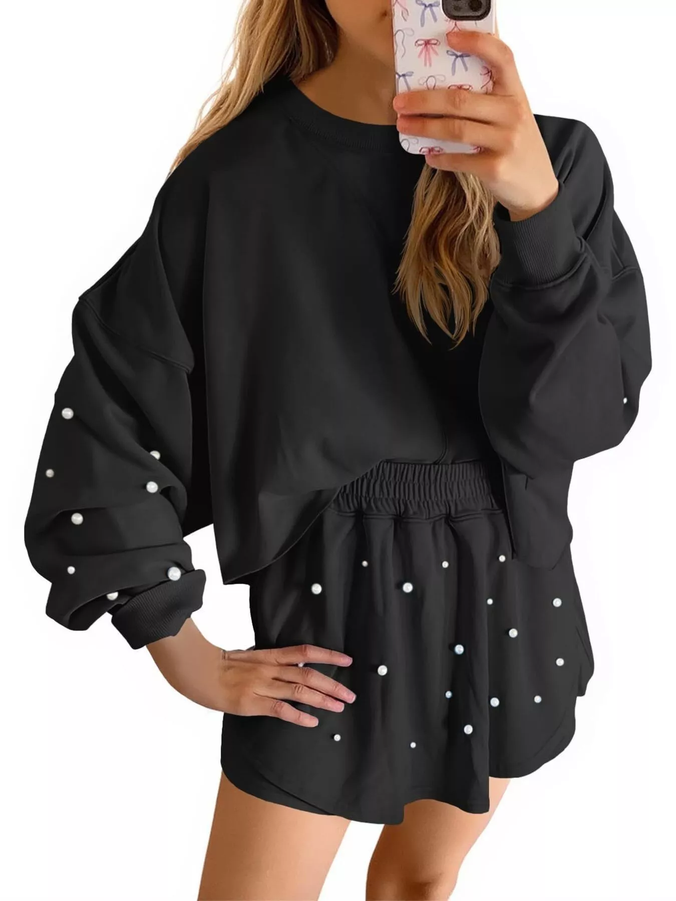 Pearl Embellished Round Neck Top and Skort Set - ZKZOOK