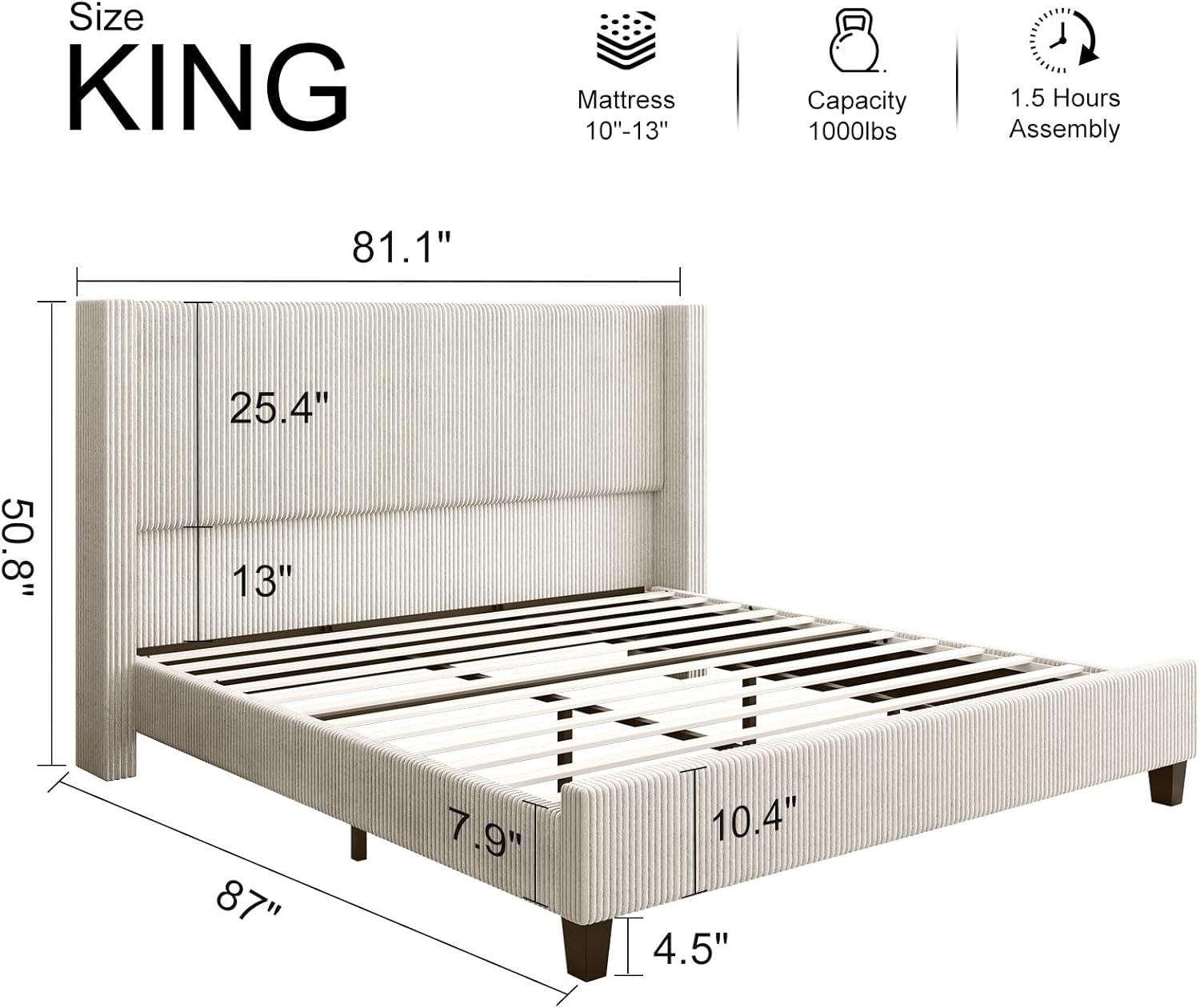 HOWE King Size Upholstered Platform Bed Frame, Wingback Bed with 50.8