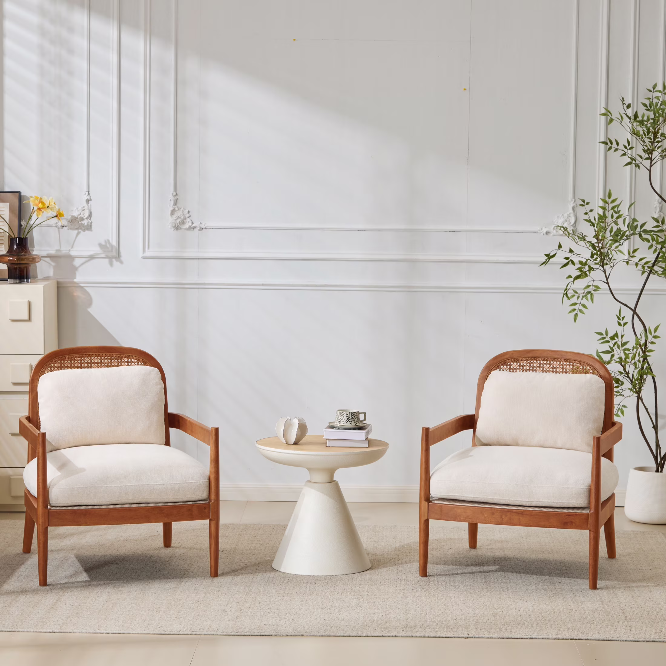 Christopher Knight Home Mid-Century Modern Accent Chairs, Wood Frame with Rattan Backrest, Grayish Green, Set of 2 - Image 3