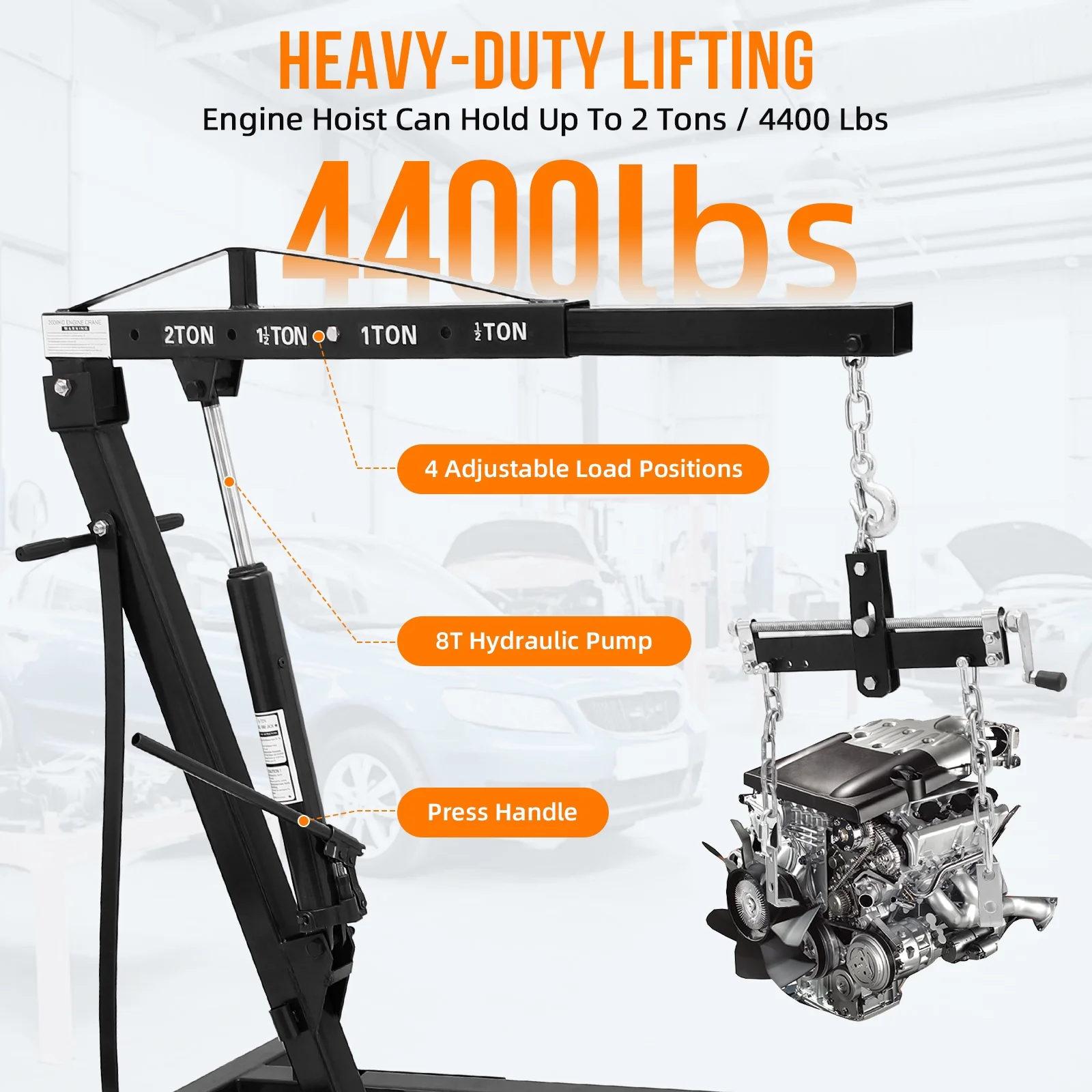 GARVEE 2 Ton Folding Hydraulic Engine Hoist with Lever, Folding Engine Shop Crane Hoist Lift, Heavy Cherry Picker