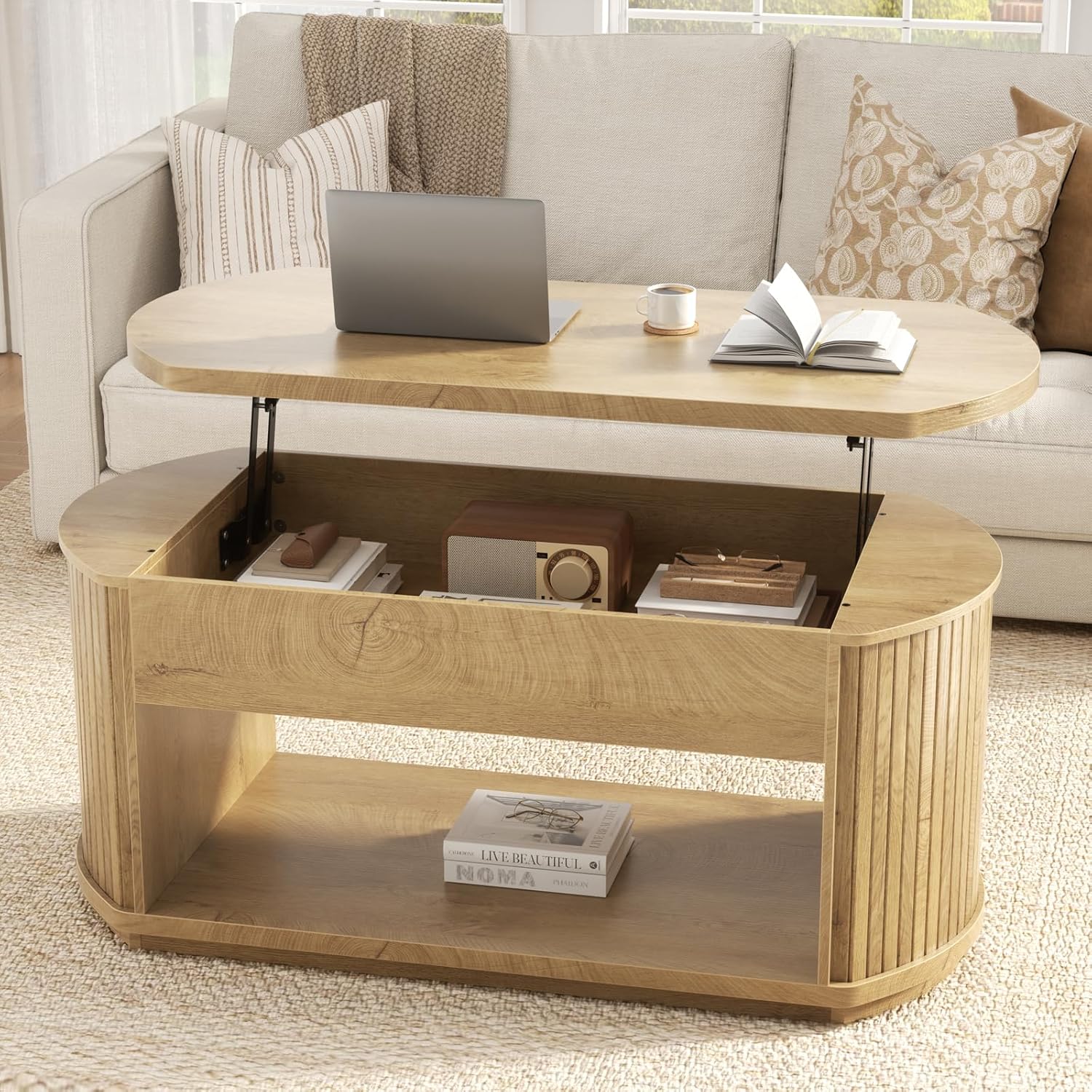 FABATO Oval Lift Top Coffee Table with Storage, Mid Century Modern Coffee Table for Living Room, 2 Tier Center Table with Lift-Top, 41.7