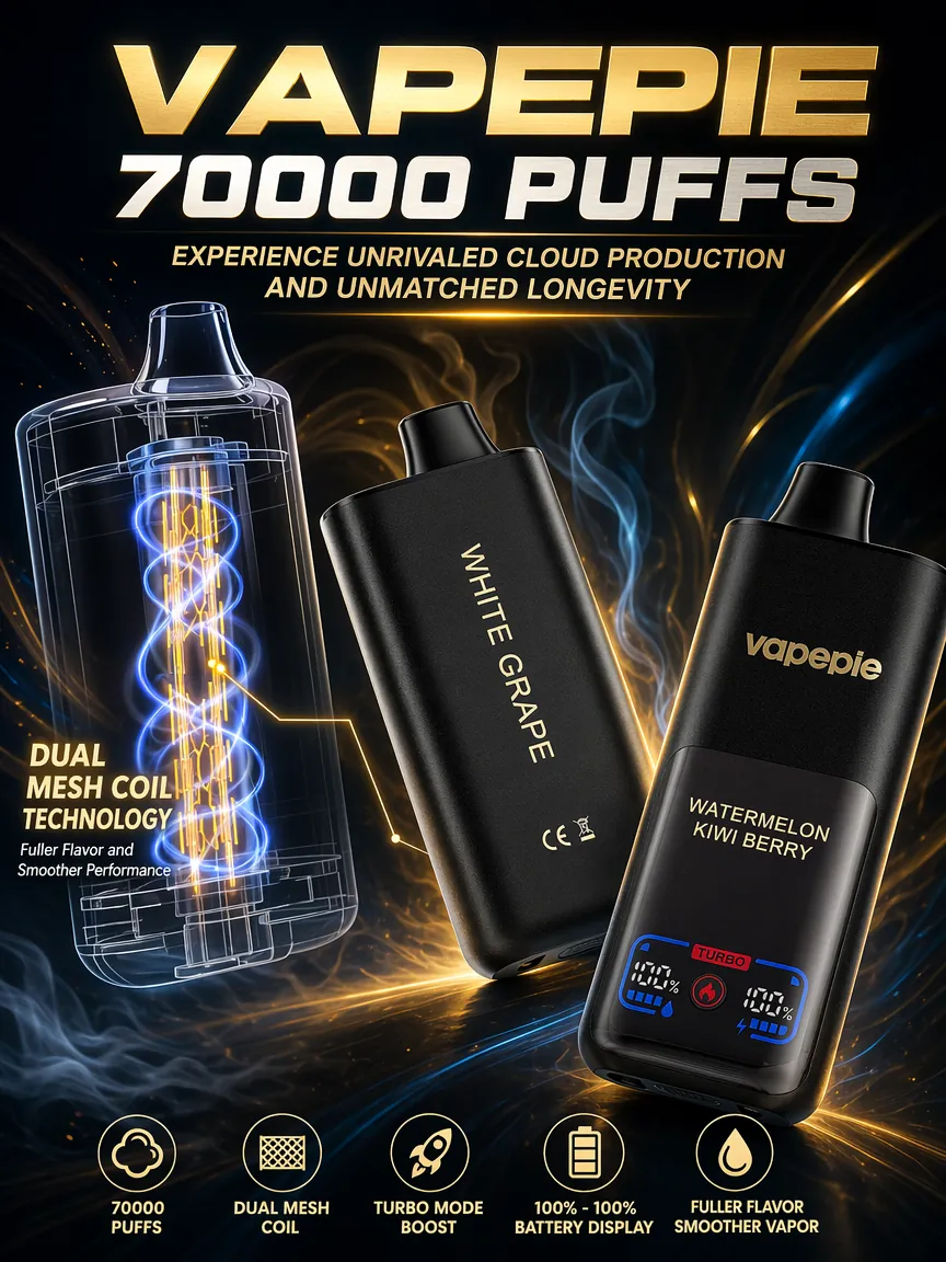 VAPEPIE MEGA 70 000 puffów – plakat: pełnowymiarowy ekran i duża pojemność