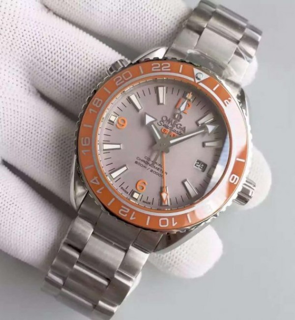 Replica Omega Planet Ocean SS GMT Gray Dial Orange Bezel SS Bracelet A8605 - Elite Watch Atelier