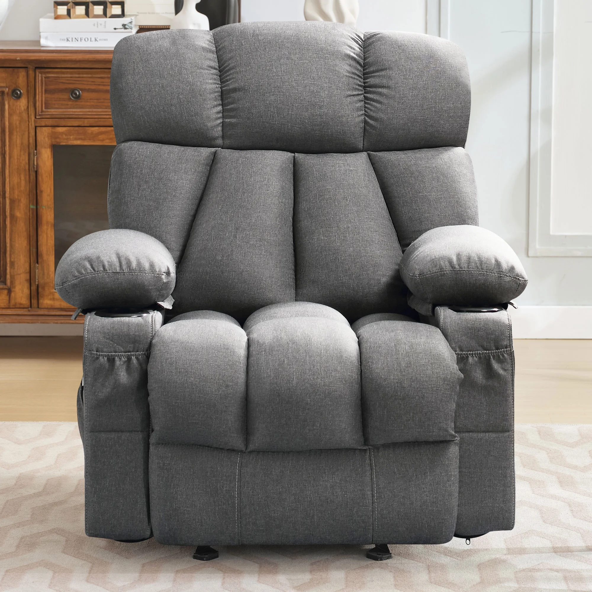 JONPONY Manual Recliner Chair with Heat Therapy and Massage Function, Heavy Duty Reclining Mechanism Massage Chair, Elderly Single Rocker Sofa with Cup Holders for Bedroom Home Theater,Grey - Image 14