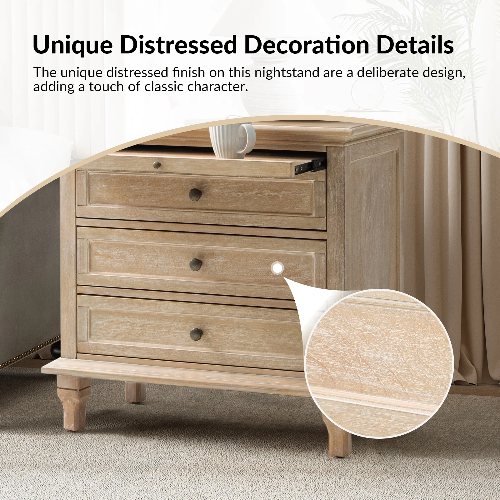 Farmhouse 3 Drawers Nightstand with Tray Bedside Table with Charging Station Acorn - Image 23