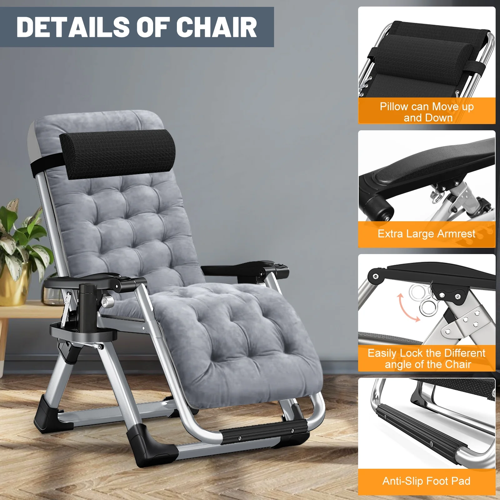 NAIZEA Zero Gravity Chair with Removable Cushion and Cup Holder Black - Image 6