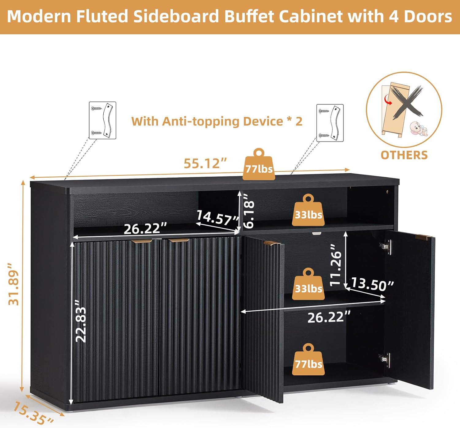 LEYAOYAO Fluted Buffet Cabinet with Storage, 55