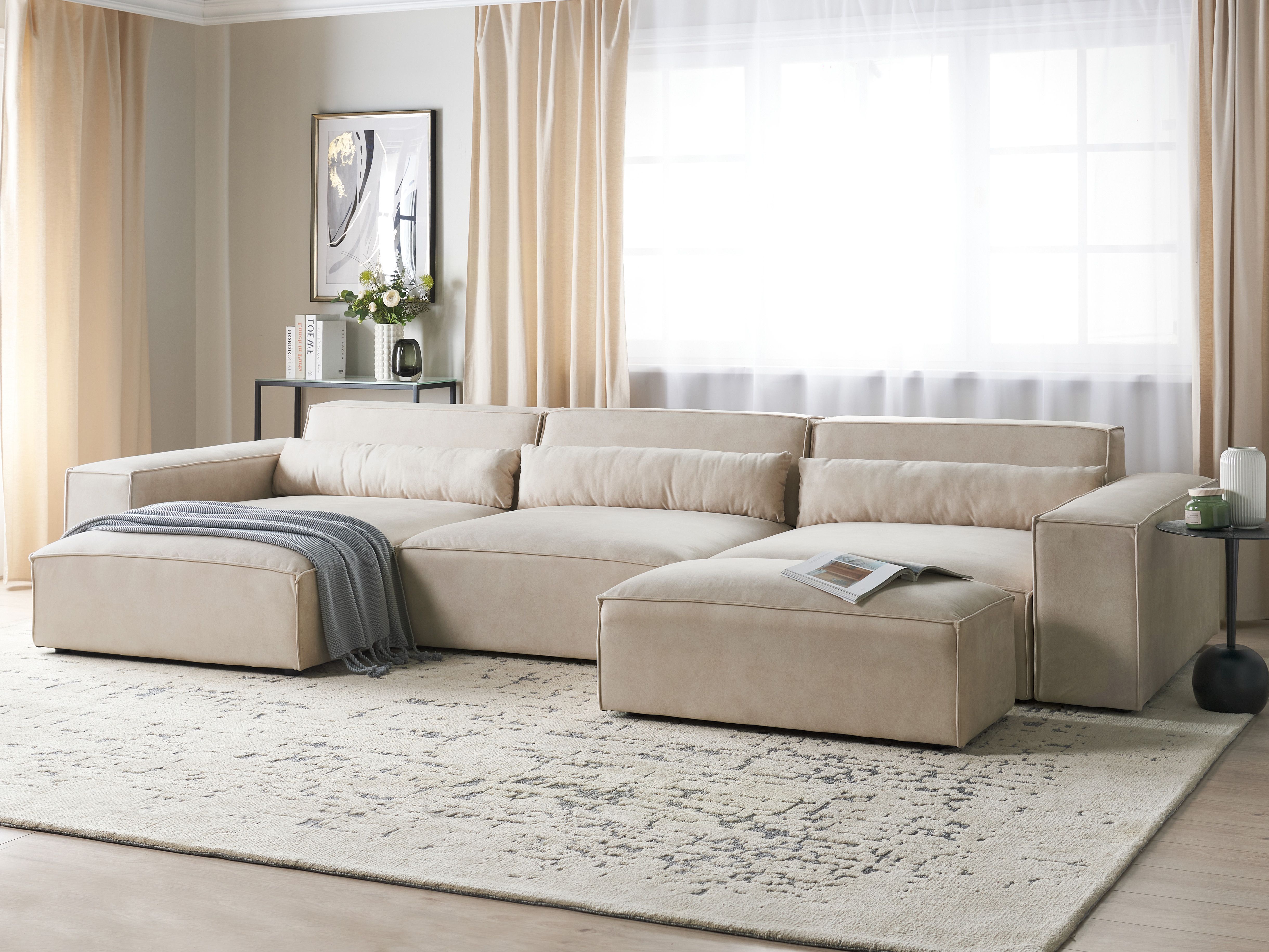 Modular Corner Sofa 5 Seater HELLNAR Velvet Light Beige with Ottoman Right Hand