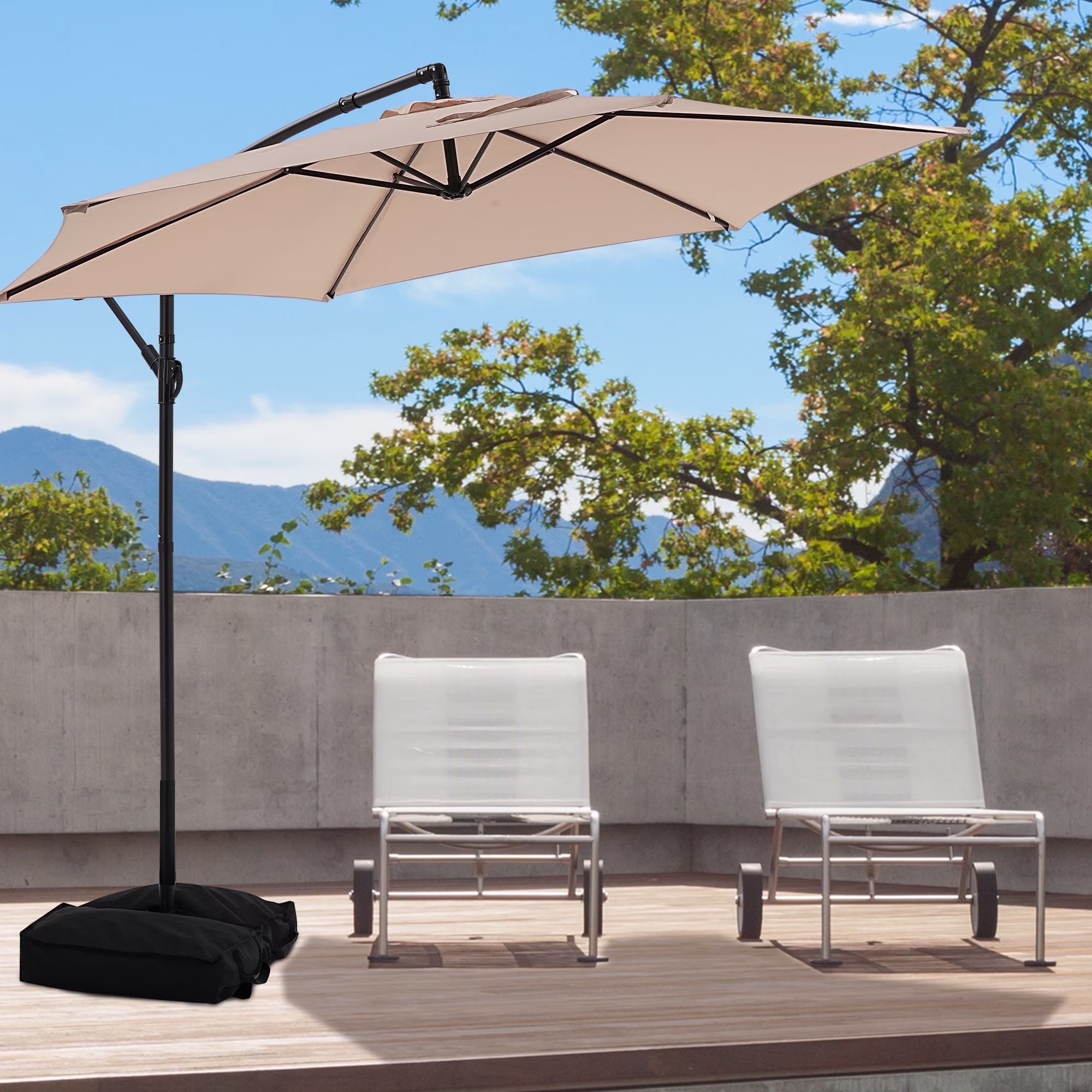 Ainfox 10ft Cantilever Patio Umbrella with Lights, Offset Market Umbrella with Sandbags Weighted Base and Cross Base,Khaki - Image 5
