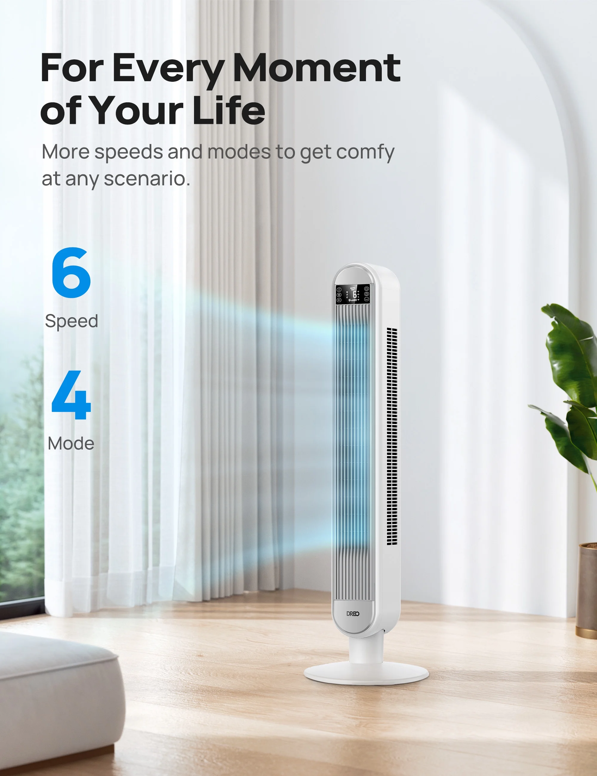 Dreo Tower Fan for Home, 42" Standing Fan with Remote, 90�� Oscillating Fan for Indoors, 34dB Quiet Bedroom Fans, 6 Speeds, 4 Modes, 12H Timer, Bladeless Fan with LED Display, 26 ft/s High Velocity - Image 11