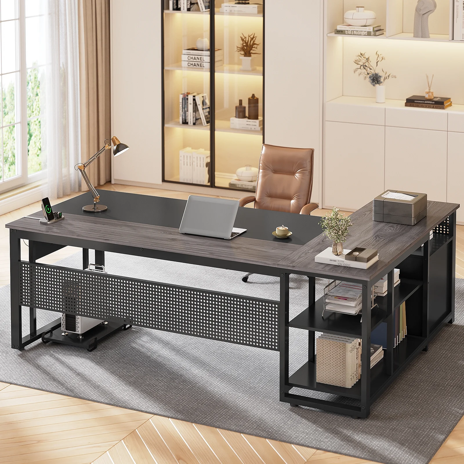 71" Executive Desk with Power Outlets, Modern L Shaped Office Desk with File Drawers and Pegboard, Large Computer Desk, Rustic Brown - Image 30