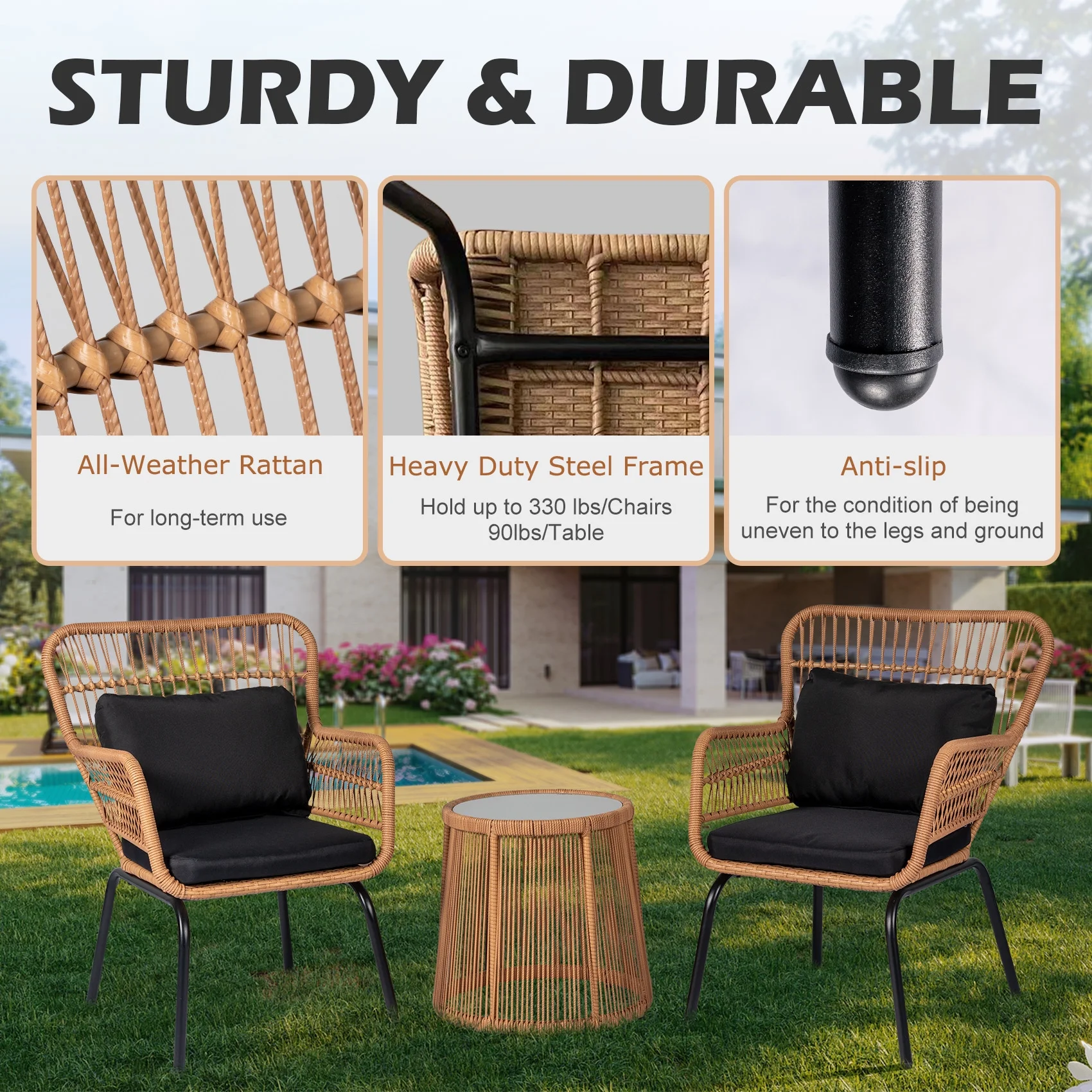 Tappio 3-Piece Patio Conversation Bistro Set Rattan Furniture, Outdoor Patio Set w/Glass Top Table & Cushions for Garden Balcony Backyard Poolside, Yellow/Beige - Image 27