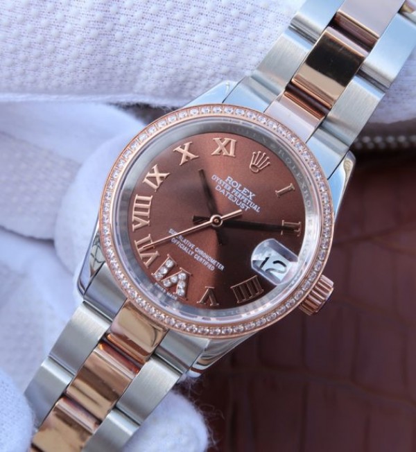 Replica Rolex DateJust 31mm 178383 Diamonds Bezel Roman Markers Brown Dial A2235 - Elite Watch Atelier