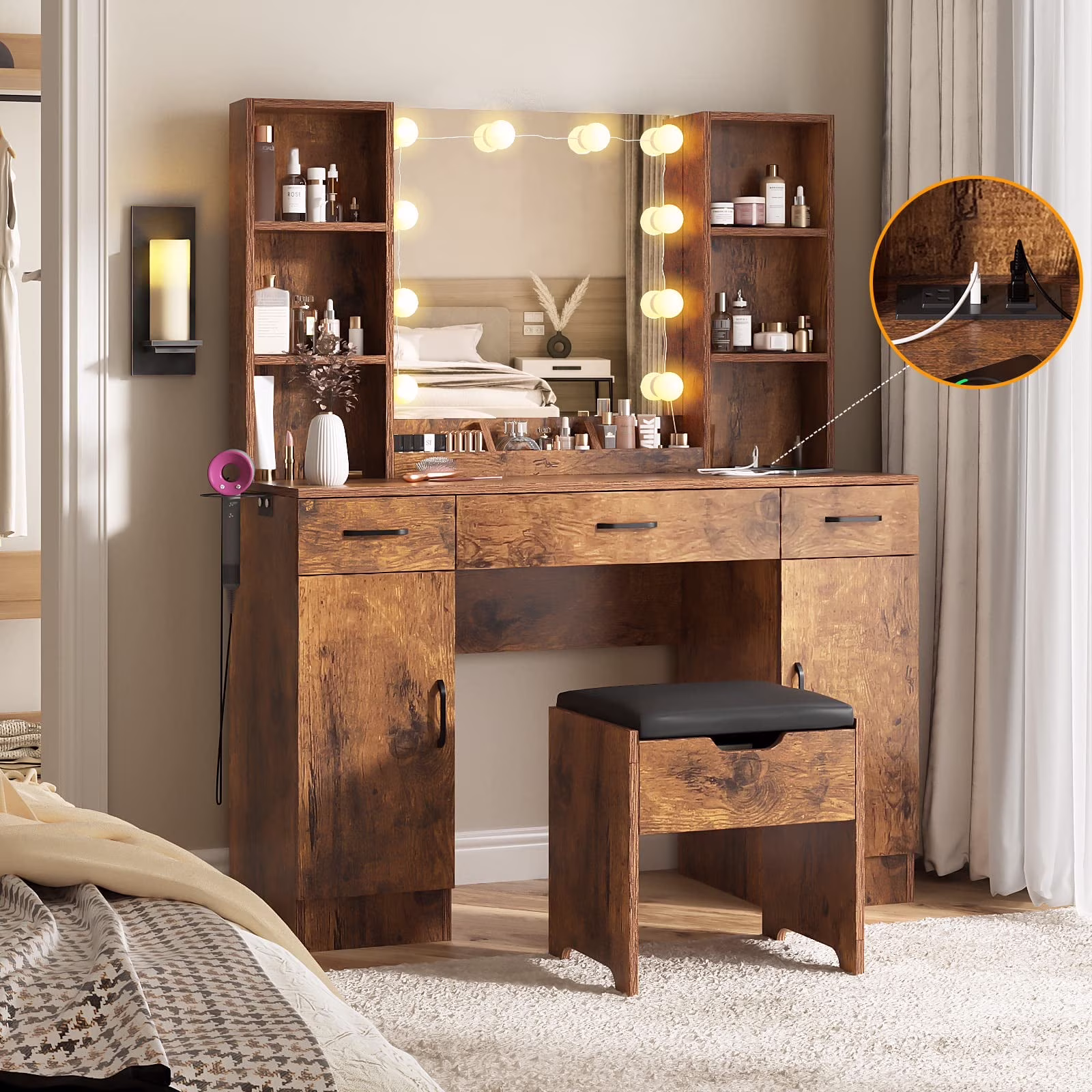 VEANERWOOD Large Makeup Vanity Set with Light Modern Makeup Vanity Table with Storage and Adjustable Lighting Colors for Bedroom 45.2in, White - Image 5