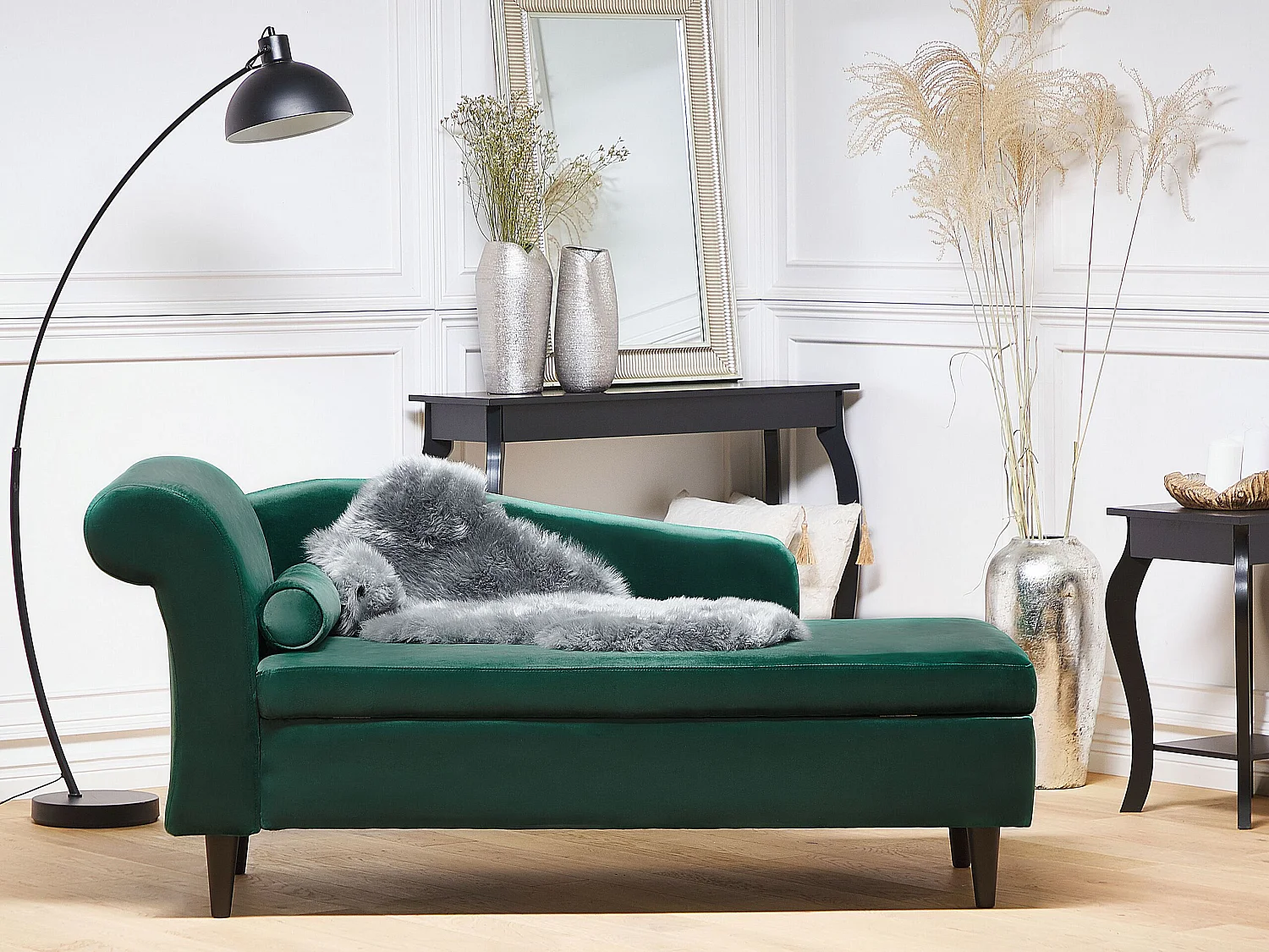 Chaise longue côté gauche LUIRO Velours Vert émeraude avec rangement