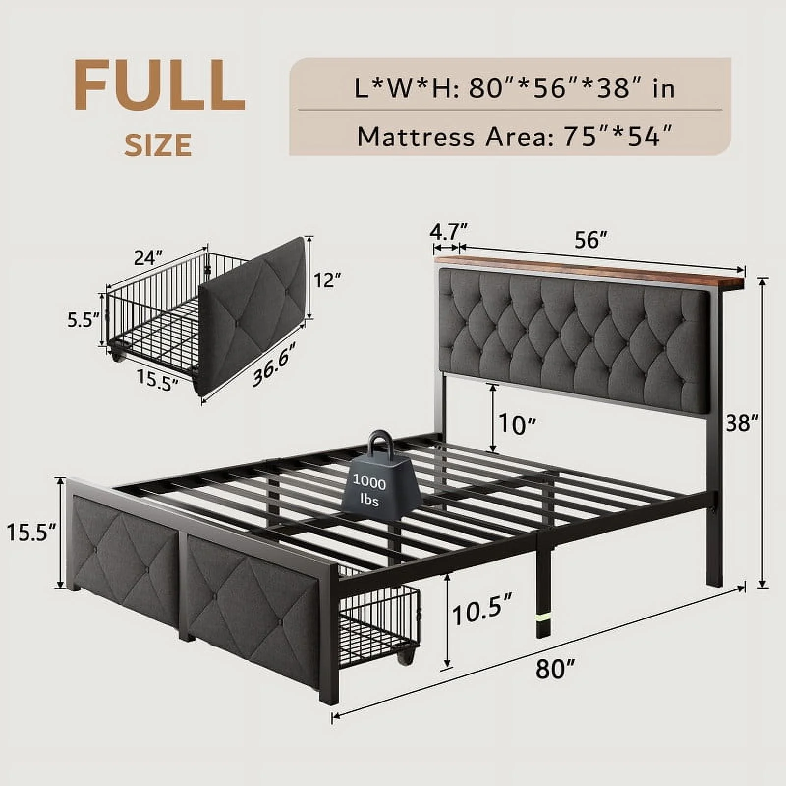 iPormis Full Bed Frame with 2 Drawers, Metal Platform Bed with Charging Station and Linen Fabric Storage Headboard Strong Metal Slats Black,Gray - Image 2