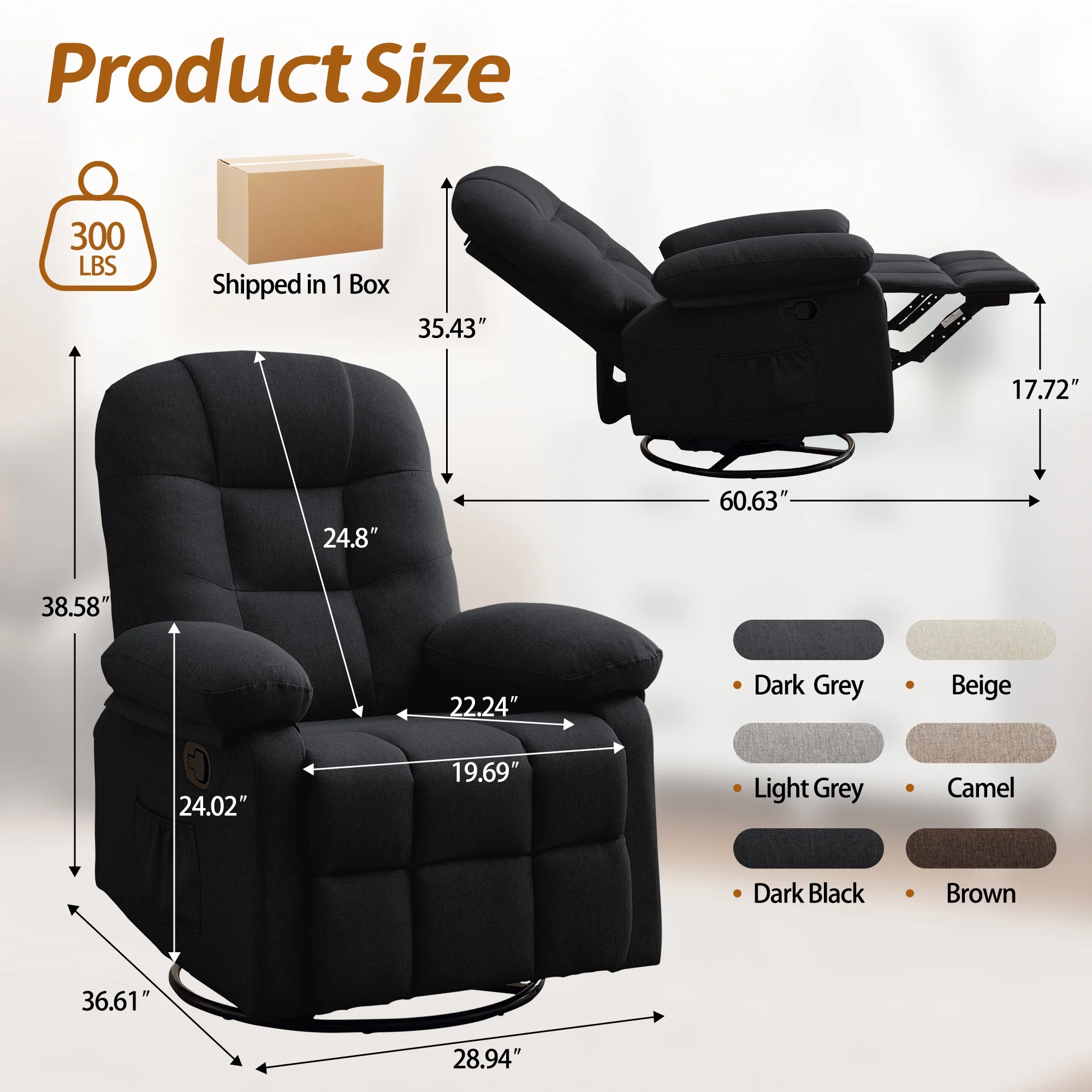 Korser Manual Swivel Rocker Recliner Chair for Living Room,Small Recliner Sofa for Small Spaces,Linen Fabric,Dark Black