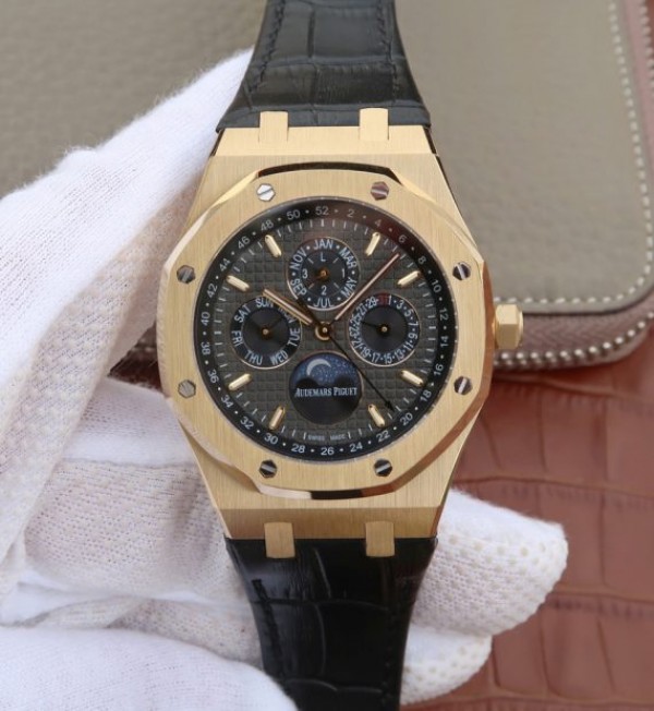 Replica Audemars Piguet JF Royal Oak 41mm 26574 YG Black Dial Leather Strap A5134 - Elite Watch Atelier