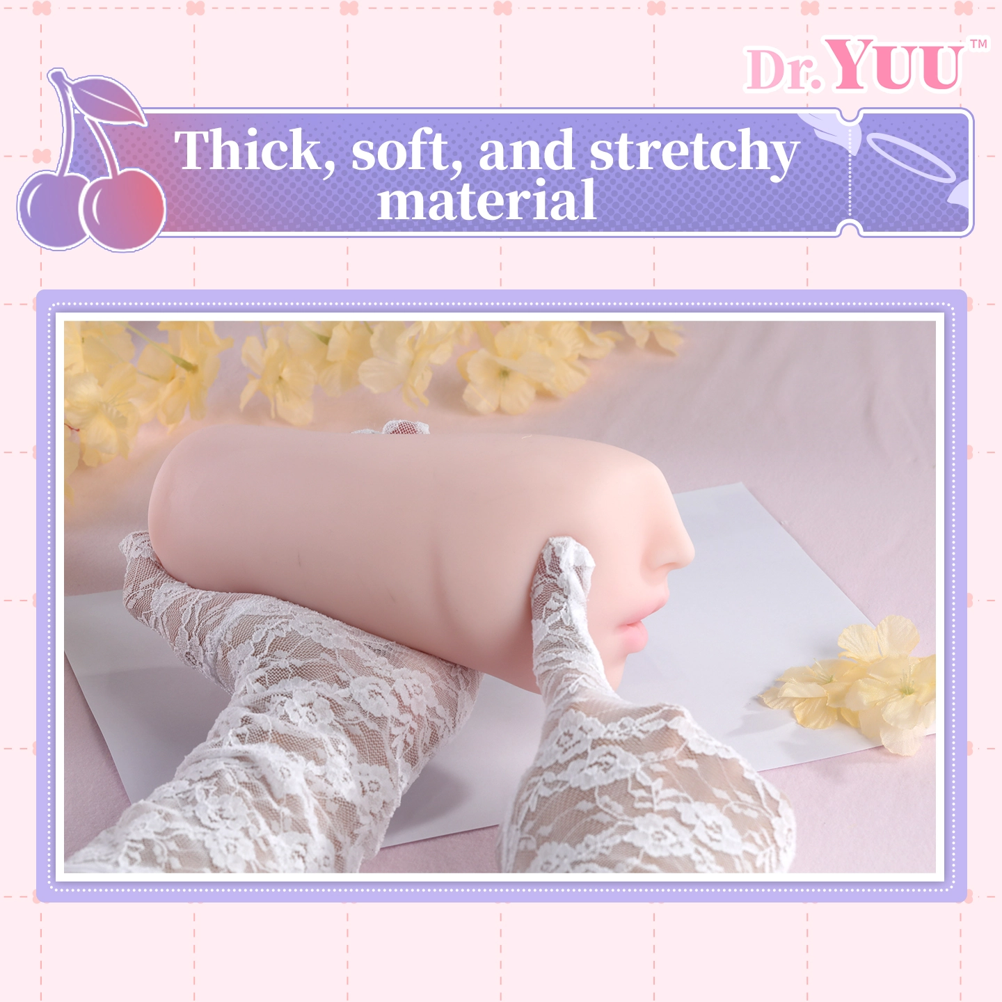 Dr.YUU cherry mouth oral masturbator real product photo showing tiny lips narrow entry tongue design and soft TPE texture