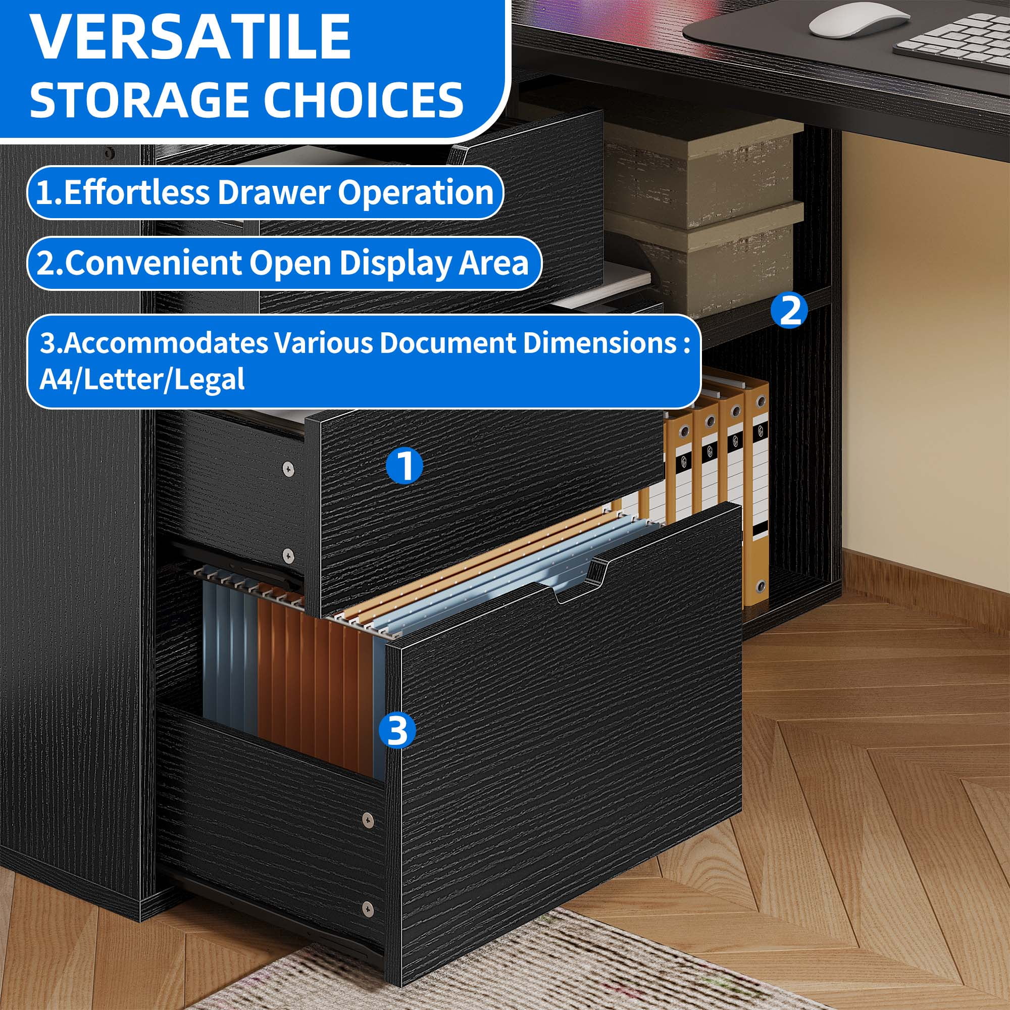 Dextrus L Shaped Desk with Power Outlets & LED Lights, Computer Desk with 3 Drawers and 3 Storage Shelves, White Office Desk Corner Desk for Home Office - Image 36