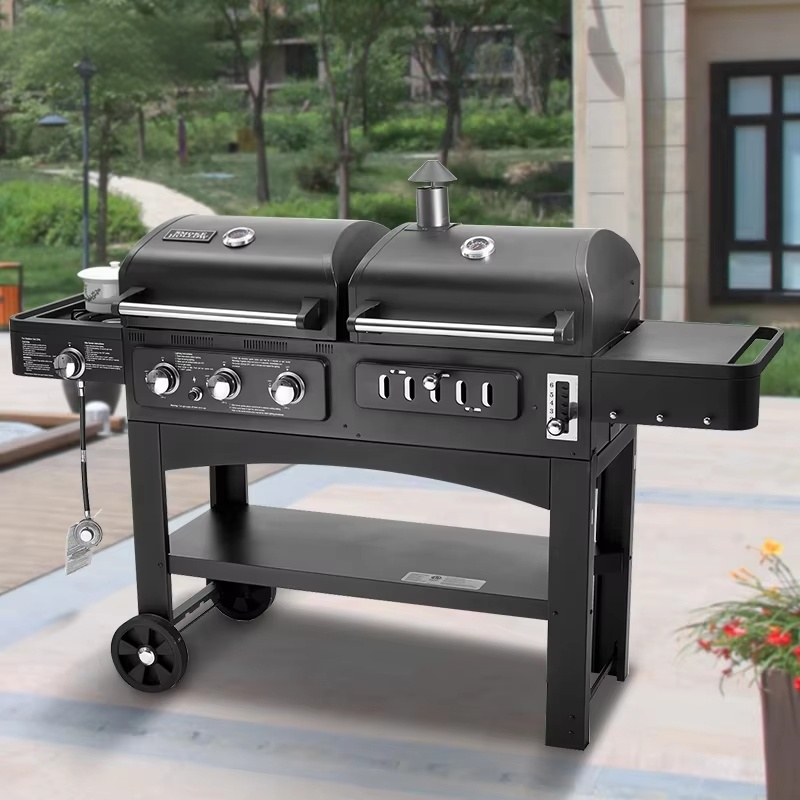 Black Gas & Charcoal Combo Grill, Deluxe, Heavy Duty BBQ, Outdoor Cooking, Backyard BBQ