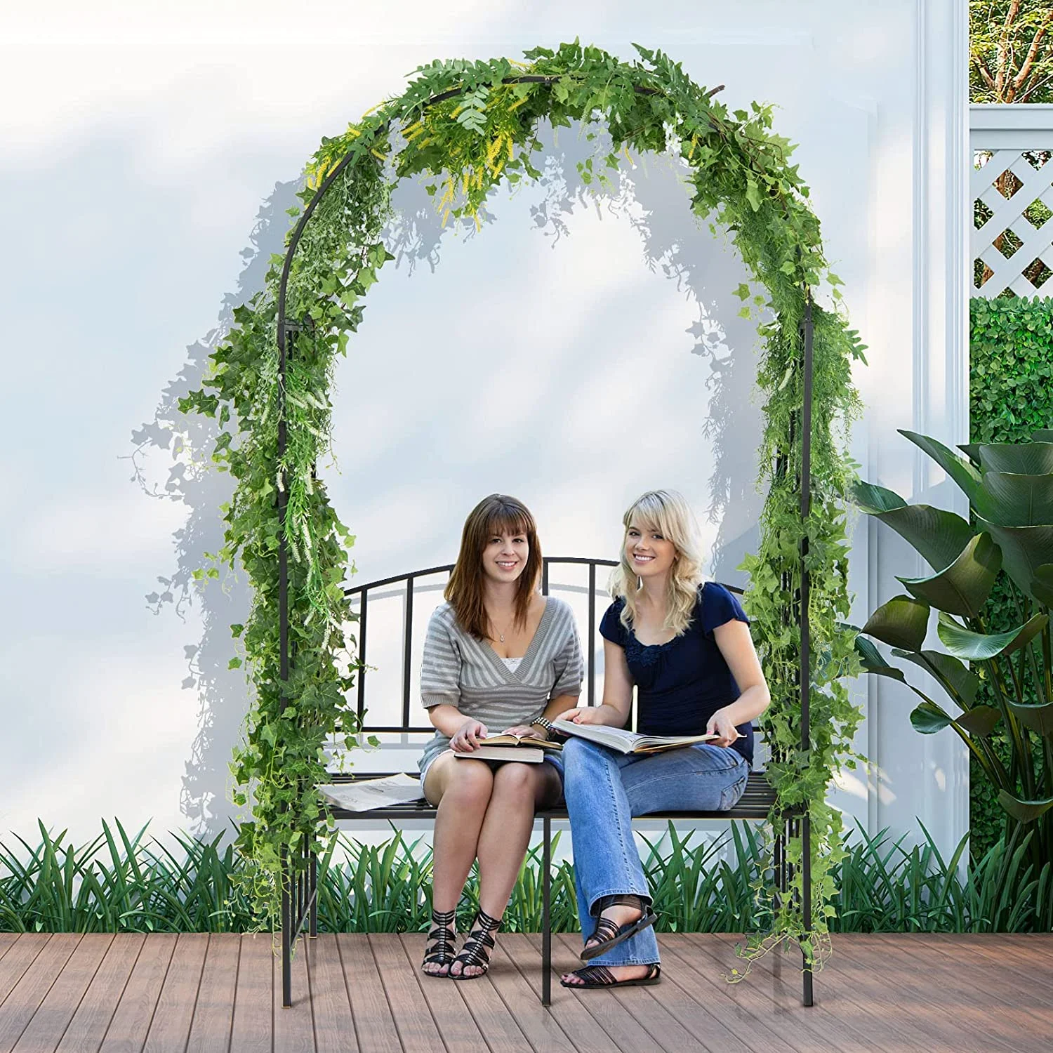 Giantex 81in Metal Garden Arch with Bench, Outdoor Garden Arbor Archway Trellis for Climbing Plants Vines, 2-Person Bench Loads 660 lbs, Patio Trellis Pergola Arches for Wedding Party Ceremony Decor