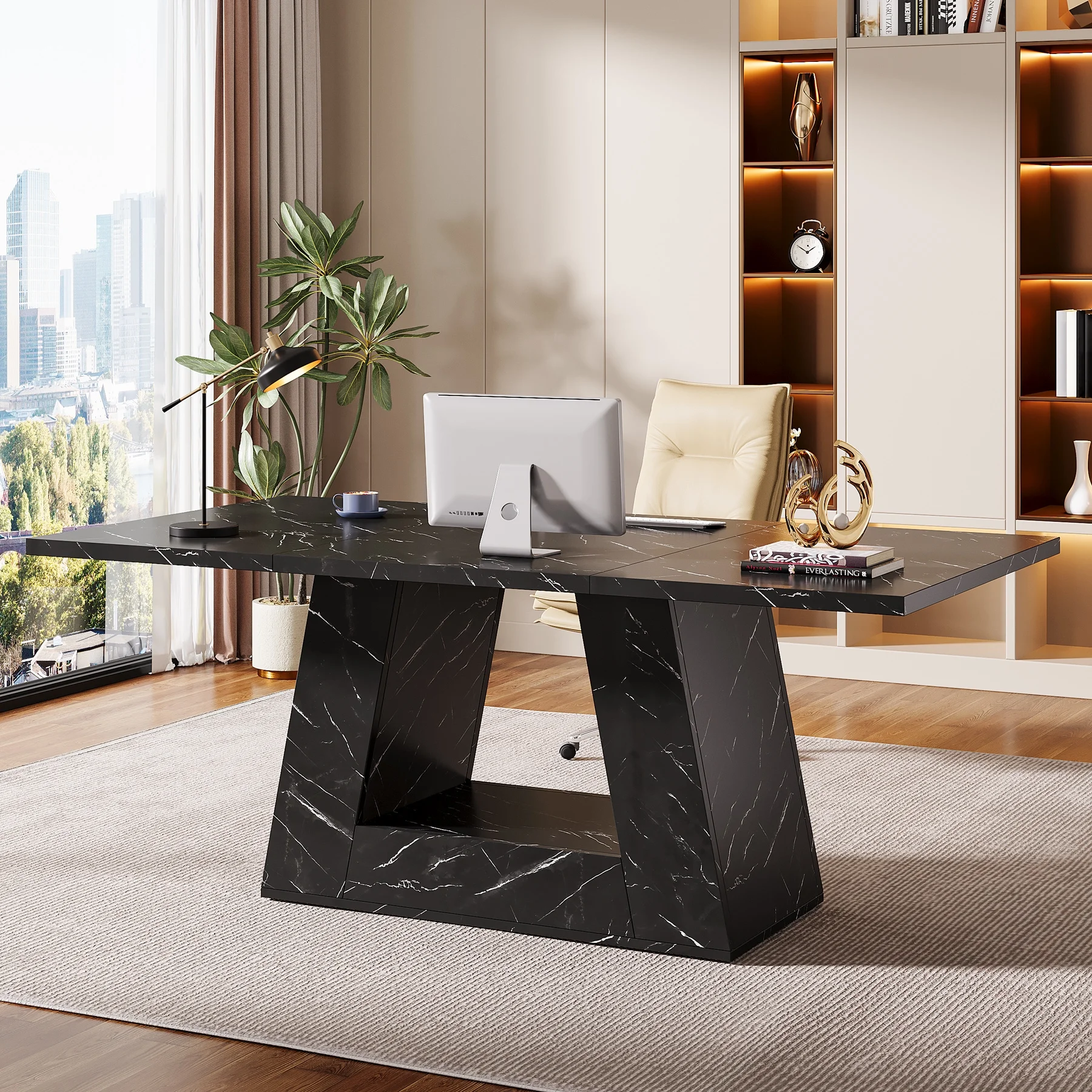 Tribesigns Modern Computer Desk, 63 inch Wooden Faux Marble Study Writing Table with Sturdy Base for Home Office, Black