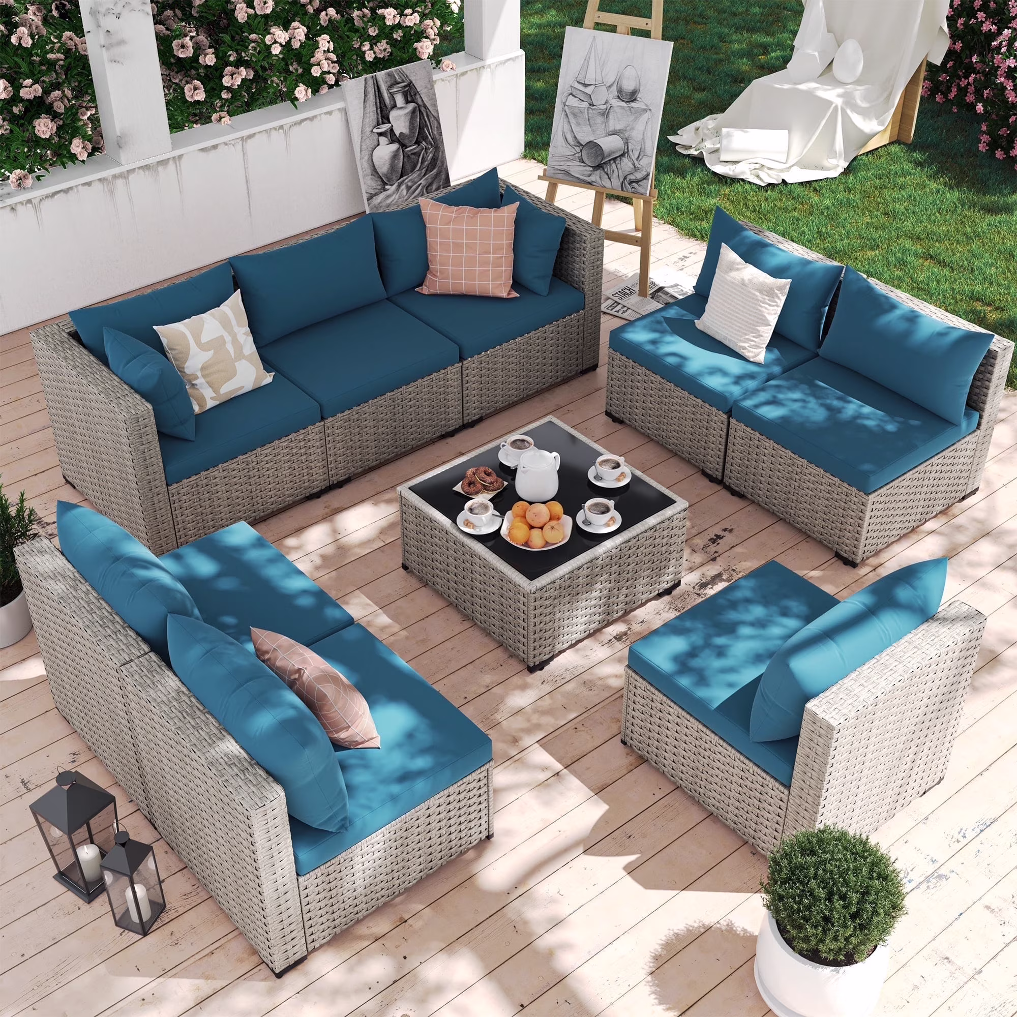 7 Pieces Patio Conversation Set, Outdoor Sectional PE Rattan Wicker Furniture Seat,Dark Gray - Image 33