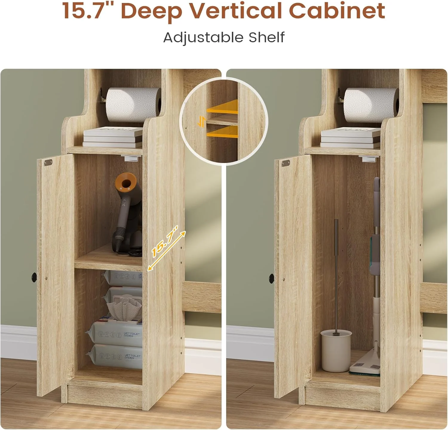 Over The Toilet Storage Cabinet with 3 Doors, Farmhouse Space Saver for Bathroom Organizer with Paper Holder, 10 Shelves and Hooks, 7-Tier Over Washing Machine Cabinet for Laundry, Bathroom, Natural - Image 10