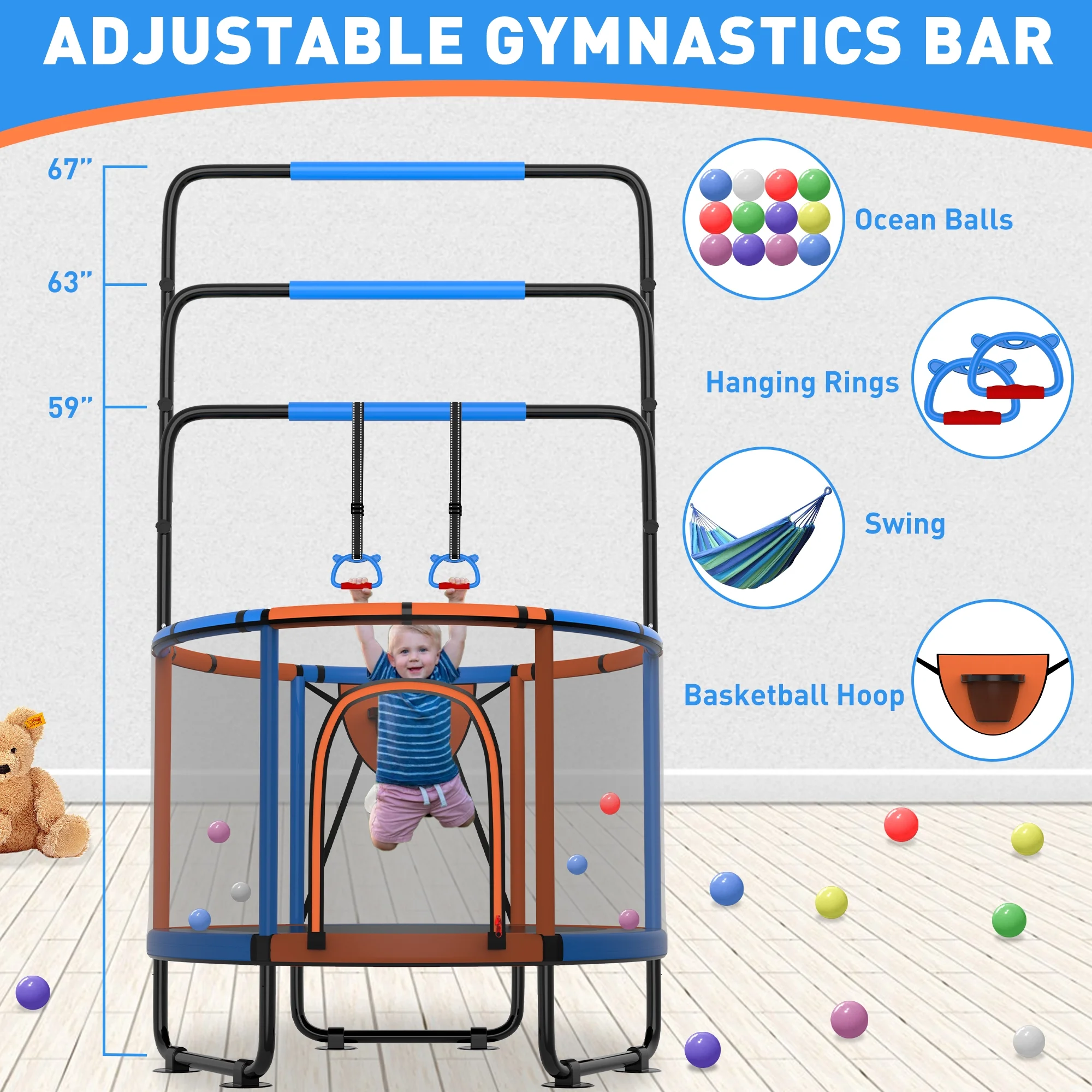 CITYLE Trampoline for Kids 600LBS 60'' 5FT Toddler Trampoline Indoor Outdoor with Basketball Hoop, Swing, Adjustable Bar, Mini Small Trampoline with Enclosure, Gifts for Toddlers, Boys & Girls - Image 33