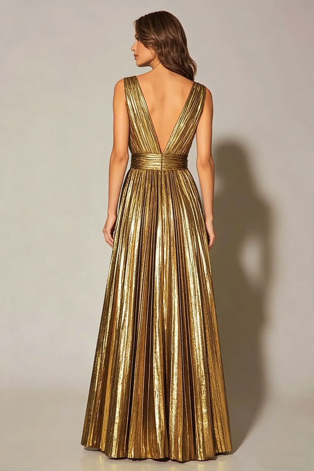 Sparkly Gold Metallic Pleated A-Line V-Neck Long Formal Dress