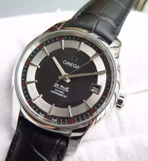 Replica Omega V6F De Ville Hour Vision Co-Axial 41mm SS Black Dial Black Leather Strap A8500 - Elite Watch Atelier