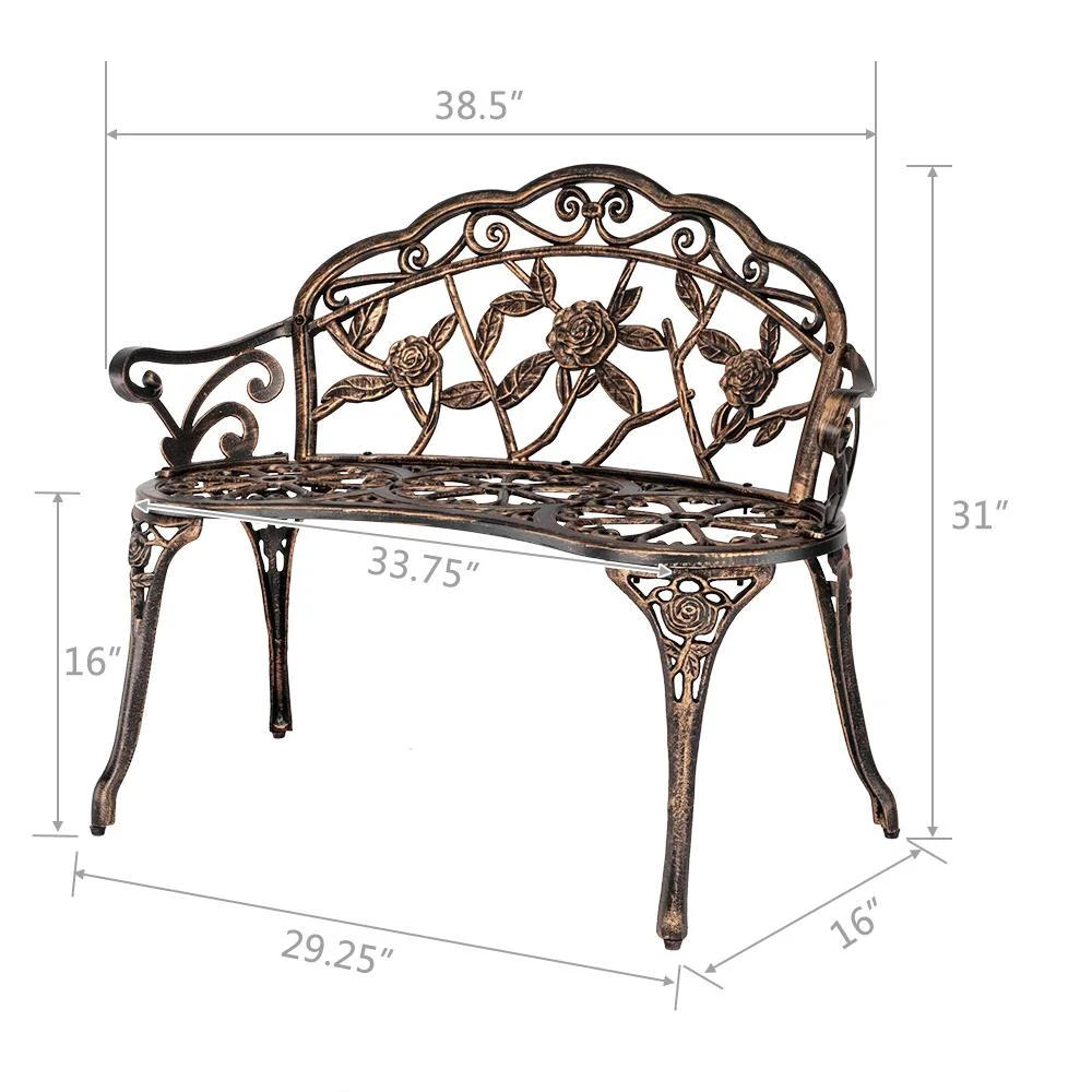 Zimtown Courtyard Park Outdoor Patio Bench Leisure Rose Cast Aluminum Chair, Metal Loveseat Bench for Garden Patio, Porch, Deck, Bronze - Image 5